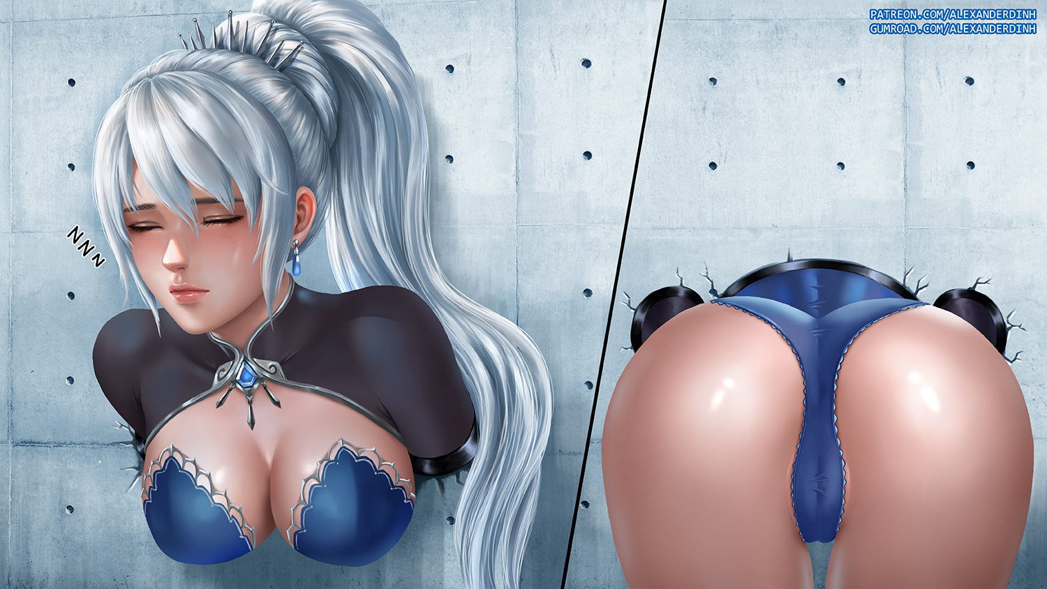 1girls, alexander dinh, ass, bondage, bra, breasts, cameltoe, cleavage, female, female only, femsub, glory wall, panties, pussy, restrained, rwby, sleeping, solo, stuck, stuck in wall, text, thigh gap, through wall, url, watermark, weiss schnee