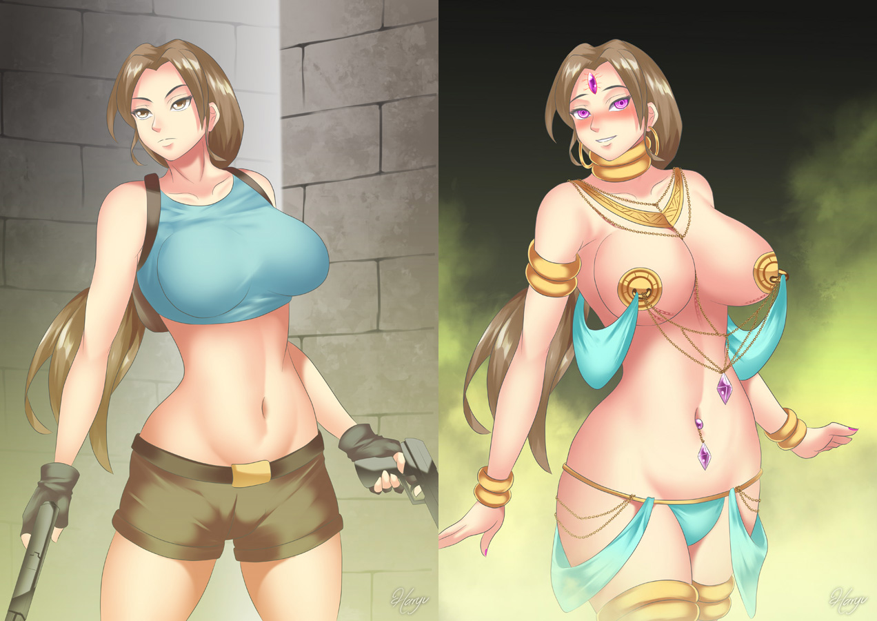 ancient, before and after, braid, braided hair, breasts, busty, curvaceous, dancer outfit, female, firearm, glowing eyes, gun, handgun, harem outfit, haryudanto, hypnosis, hypnotized, jewelry, lara croft, lara croft (classic), mind control, pasties, pistol, short shorts, slave, slavegirl, tagme, tank top, tomb raider, transformation, weapon, wide hips