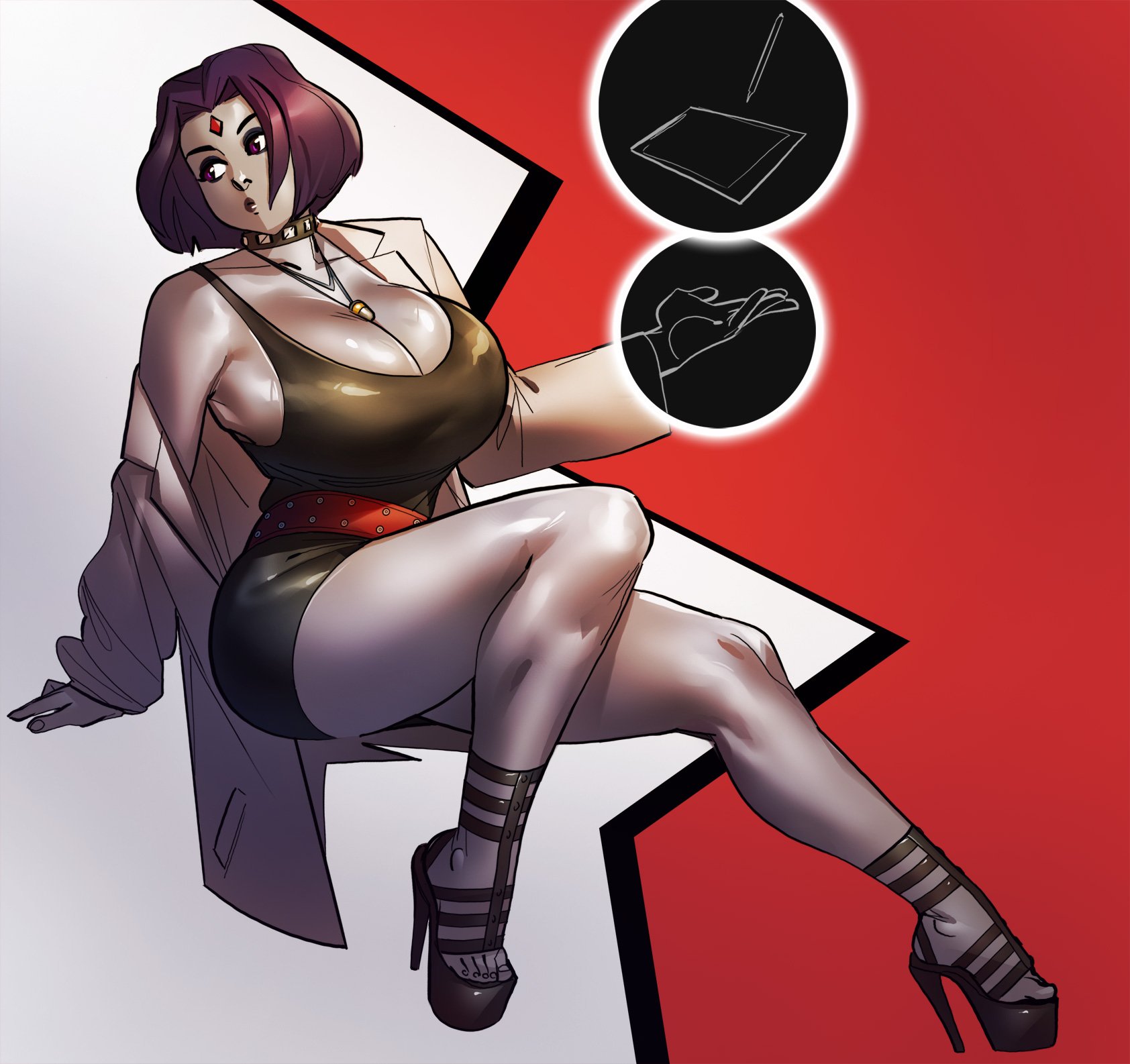 1girls, alternate breast size, big breasts, breasts, busty, cleavage, cosplay, dc, dc comics, feet, female, female only, goth, huge breasts, large breasts, open toe shoes, persona, persona 5, ph, purple hair, rachel roth, raven (dc), short hair, sitting, solo, tae takemi (cosplay), teen titans, thick thighs, toes, wide hips
