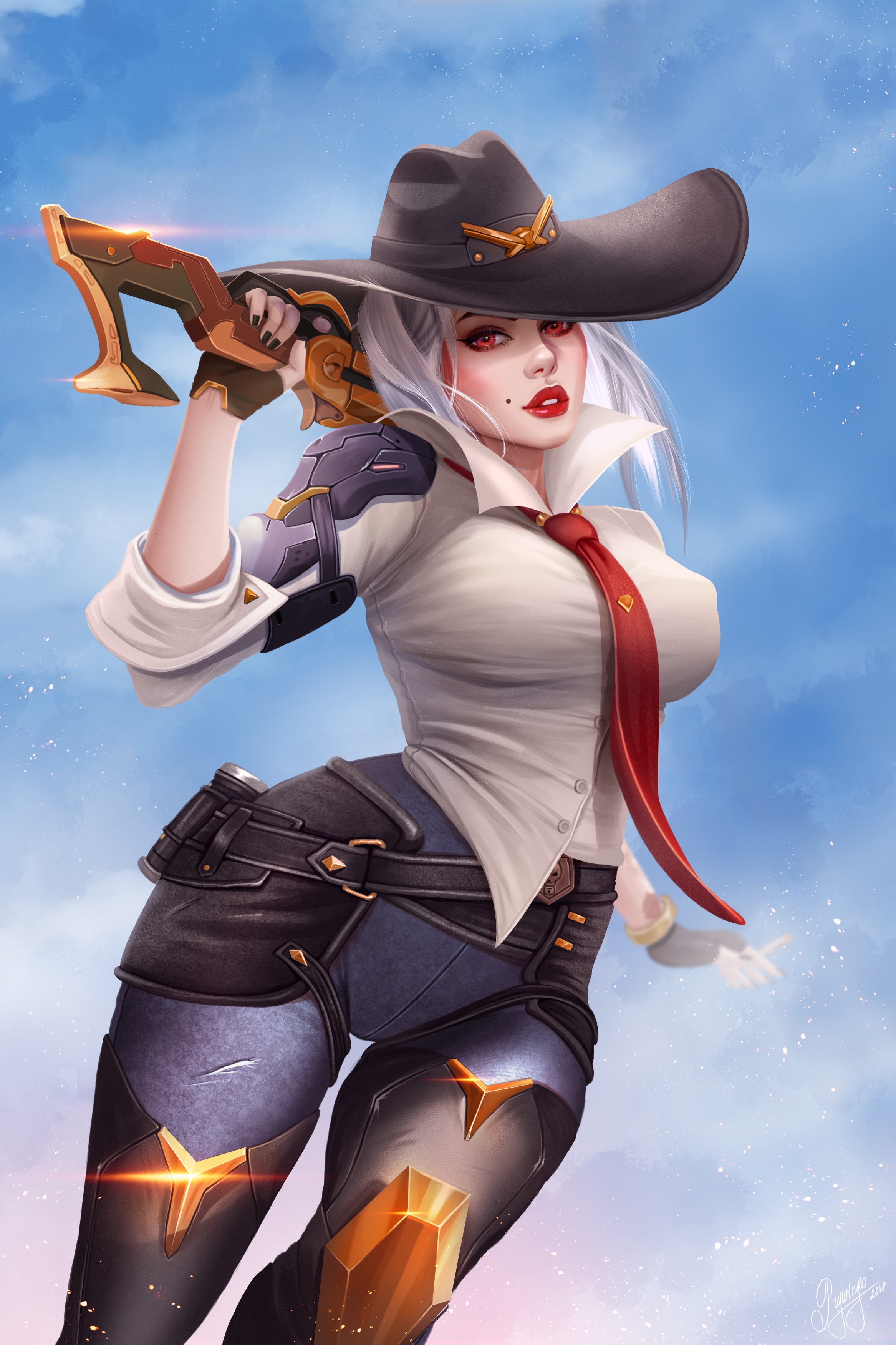 1girls, 2d, ashe (overwatch), belt, blizzard entertainment, blue sky, clothed, cowboy hat, day, female, female only, gun, hat, highres, looking at viewer, mole, overwatch, prywinko, red eyes, rifle, sky, solo, tagme, tattoo, weapon, white hair
