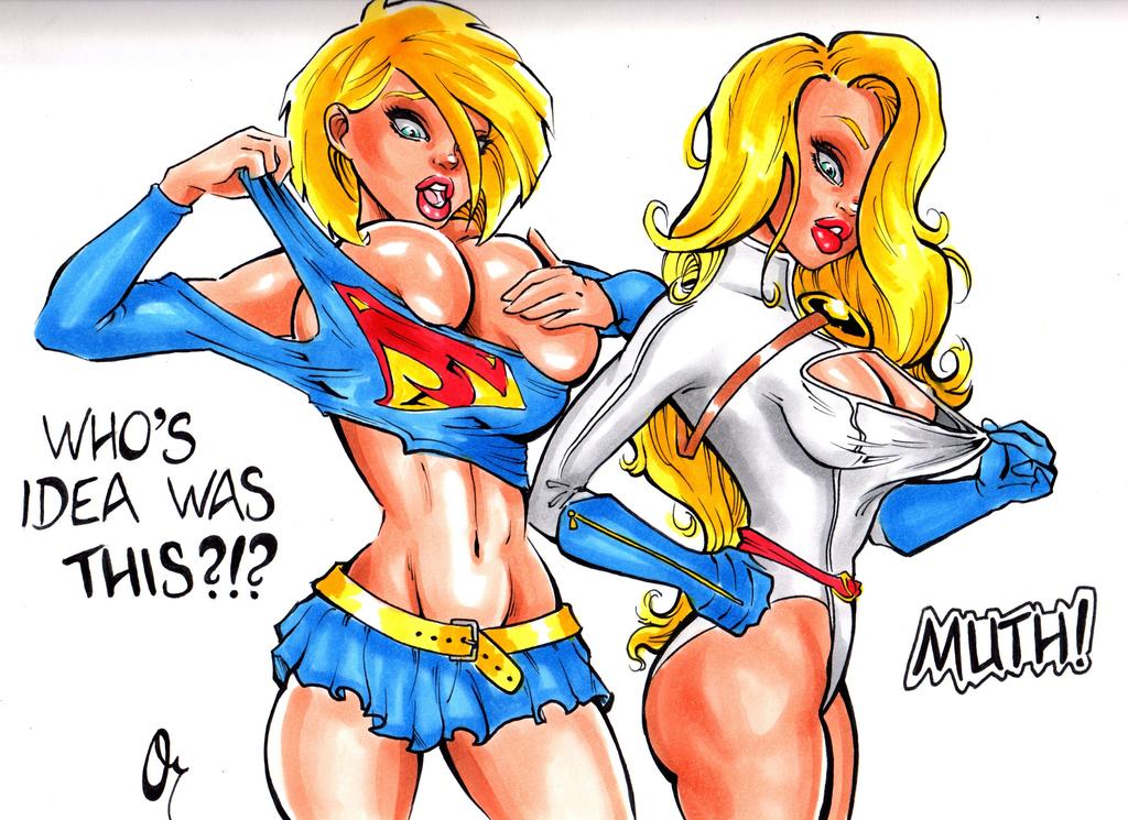 2girls big_breasts blonde_hair blue_eyes cleavage clothes_swap clothing_swap dc dc_comics long_hair loose_clothes multiple_girls orville overflowing_breasts power_girl short_hair skimpy_clothes skirt small_breasts supergirl superman_(series) tagme thick_thighs wide_hips