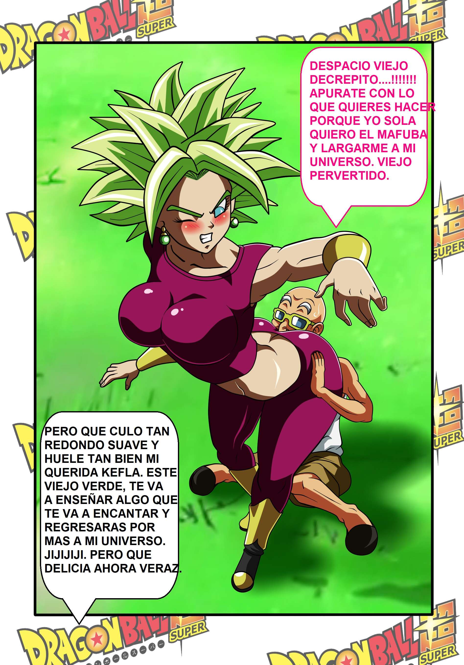 1boy, 1girls, big breasts, blonde hair, boots, breasts, dicasty, dragon ball, dragon ball super, face in ass, female, fusion, green hair, kefla, legendary super saiyan, light skin, light-skinned female, male, master roshi, saiyan, spiky hair, super saiyan, super saiyan 2