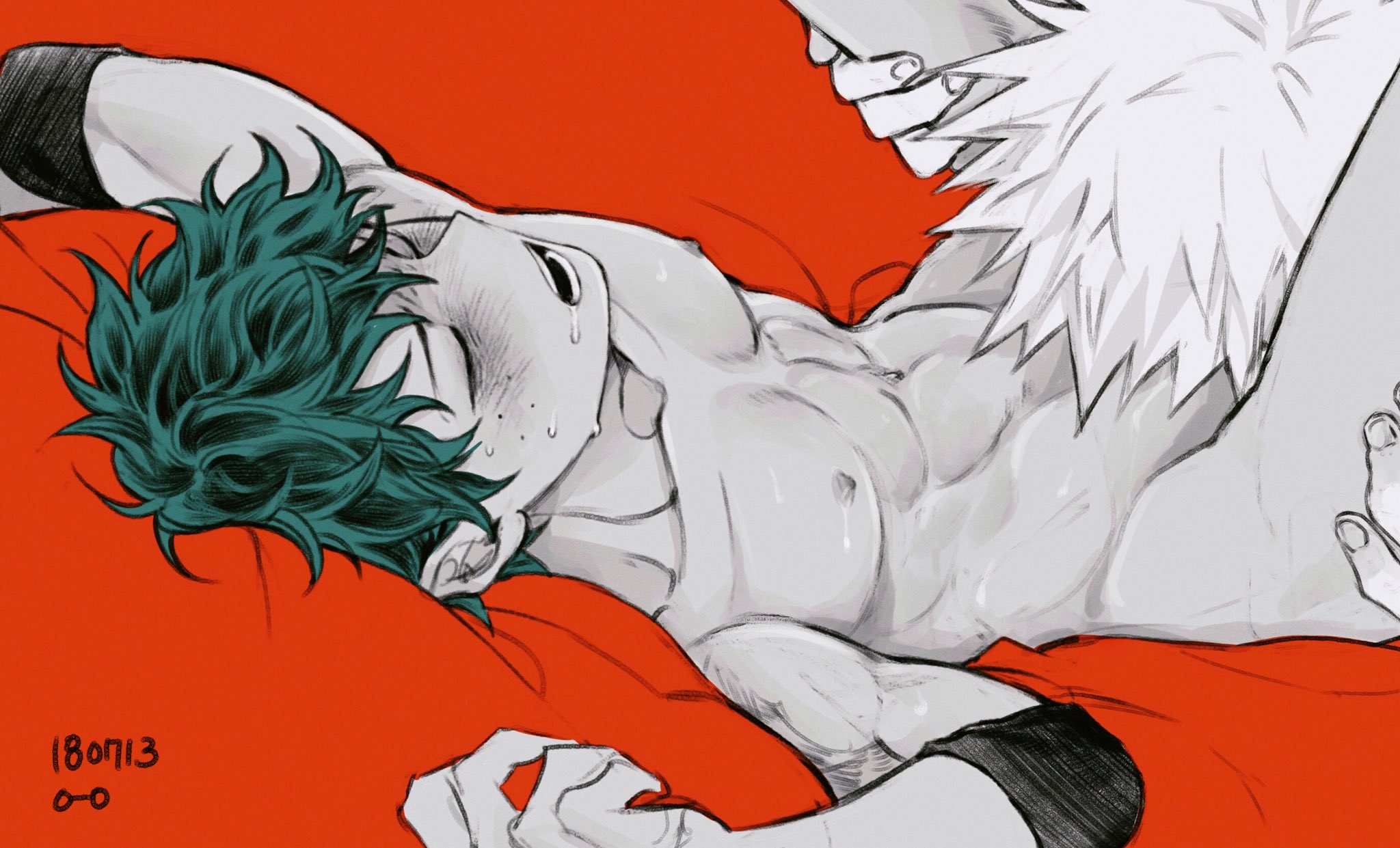 blowjob, eyes closed, fellatio, gay, green hair, hands on thighs, implied oral, implied sex, izuku midoriya, katsuki bakugou, male, male nipples, megane o o, monochrome, muscles, muscular, muscular male, my hero academia, nipples, nude, oral, oral sex, partially colored, pleasure face, red background, sex, sexually suggestive, yaoi