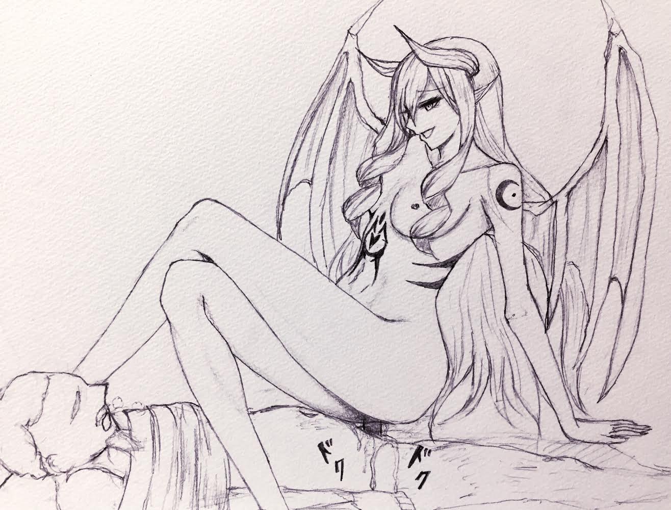 bare_legs bedroom_eyes bondage breasts cowgirl_position crossed_legs cum cum_on_self demon_girl demon_wings drill_hair female_on_top femdom girl_on_top heavy_breathing horns long_hair monochrome naked neriaisu nude on_top open_mouth pencil_(artwork) pointy_ears reverse_rape ride riding sex smile succubus tattoo tied traditional_media_(artwork) white_background wings