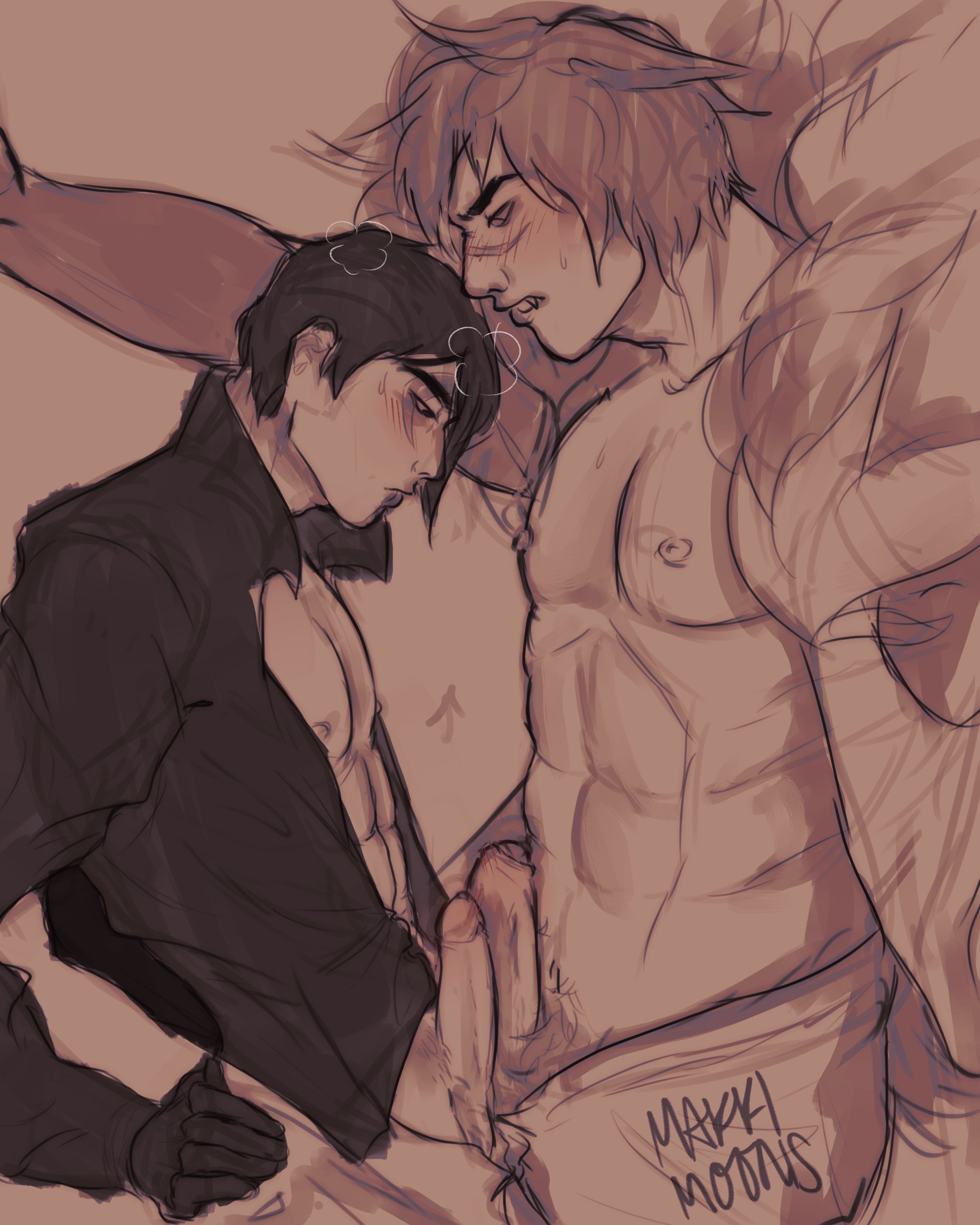 2023, 2boys, aphelios, frottage, gay, league of legends, makkimoons, male, male only, multiple boys, multiple males, penis, riot games, sett, vastaya, yaoi
