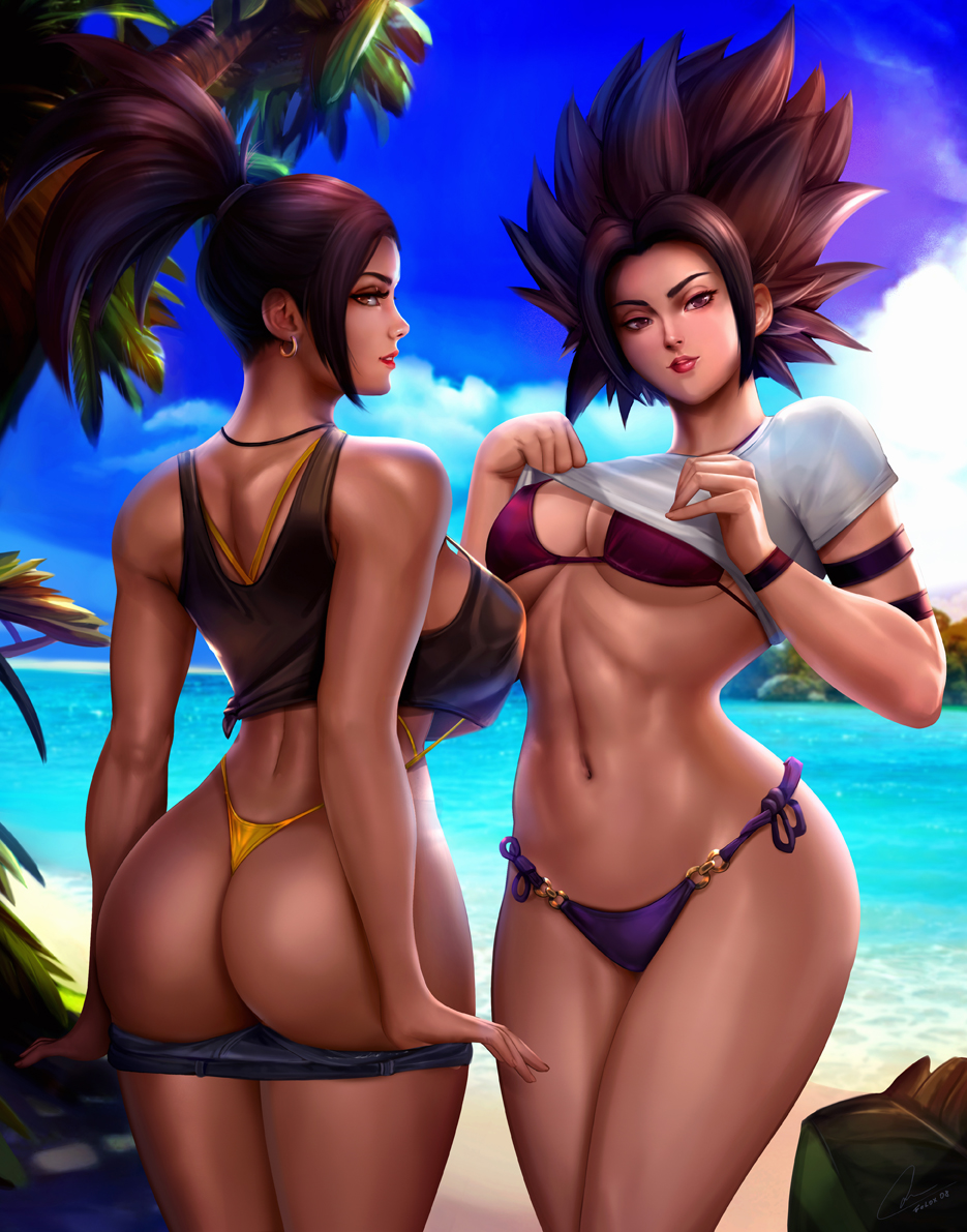 2girls, abs, ass, beach, bikini, black eyes, black hair, breasts, caulifla, cleavage, dragon ball, dragon ball super, felox08, female, female only, kale, light skin, light-skinned female, long hair, looking at viewer, looking back, saiyan, shirt lift, shorts down, spiky hair, swimsuit