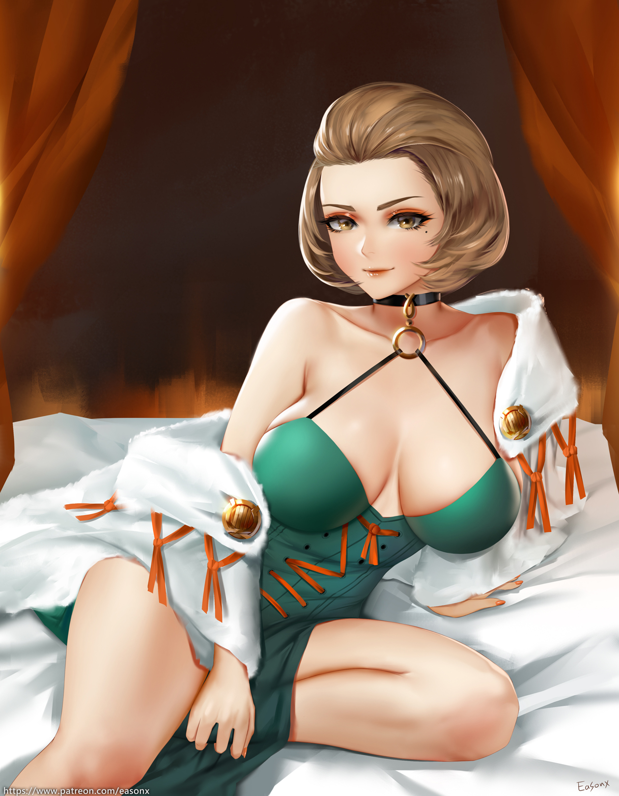 1girls, artist name, artist signature, bed, bed sheet, big breasts, breasts, brown eyes, brown hair, cleavage, clothed female, collarbone, confident, easonx, eyelashes, female, female focus, female only, fire emblem, fire emblem: three houses, human, human focus, human only, inviting, inviting to sex, large breasts, light skin, light-skinned female, looking at viewer, manuela casagranda, mature, mature female, milf, mole under eye, nail polish, nintendo, on bed, orange nails, pose, posing, sagging breasts, seductive, seductive pose, seductive smile, short hair, sitting, sitting on bed, smile, smiling, smiling at viewer, smug, smug face, smug grin, smug smile, soft, soft breasts, solo, solo female, solo focus, teacher, thick, thick thighs, white bed sheet