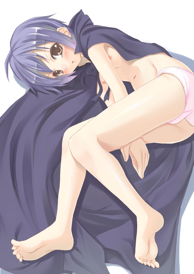 barefoot blue_hair blush breasts brown_eyes cape feet hands legs lying nagato_yuki navel nipples on_side panties pink_panties soles suzumiya_haruhi_no_yuuutsu tenkuu_nozora topless underwear