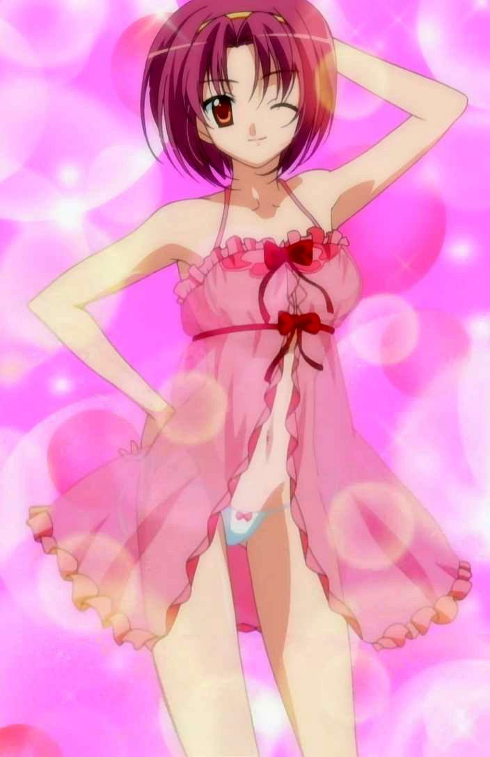 armpits bow bow_panties brown_eyes cap frills hairband lingerie lowleg lowleg_panties mikado_mariya navel negligee nightgown nightie otome_wa_boku_ni_koishiteru panties purple_hair screencap short_hair smile solo stitched underwear white_panties wink