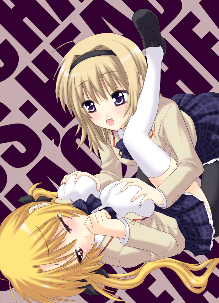 2girls ahoge antenna_hair black_legwear blonde_hair blush breast_grab breasts brown_hair chaos;head clothing female hair_ribbon hairband large_breasts leg_up long_hair nishijou_nanami open_mouth orihara_kozue pantyhose purple_eyes red_eyes ribbon saki_chisuzu sakichi_suzu school_uniform serafuku short_hair skirt smile tear thighhighs tied_hair twintails white_legwear white_thighhighs wink yuri