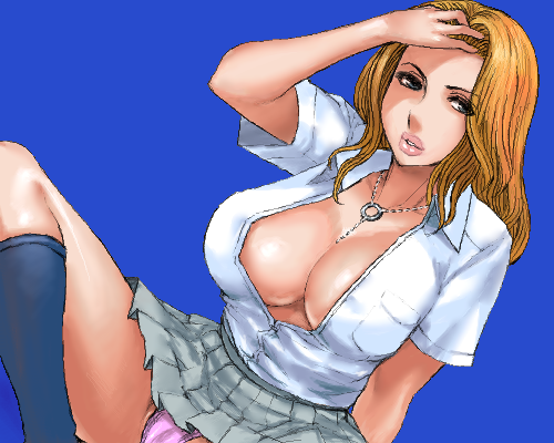 1girls between_breasts bleach blonde_hair breasts cleavage female large_breasts lips long_hair lowres matoyama matsumoto_rangiku necklace_between_breasts oekaki panties pantyshot pink_panties school_uniform serafuku solo underwear