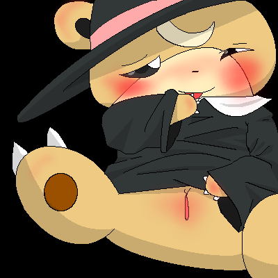 artist_request blush bottomless brown_fur claw clothing color female female_only front_view fur furry furry_ears furry_only hat nintendo paw pokemon round_ears solo teddiursa vulva