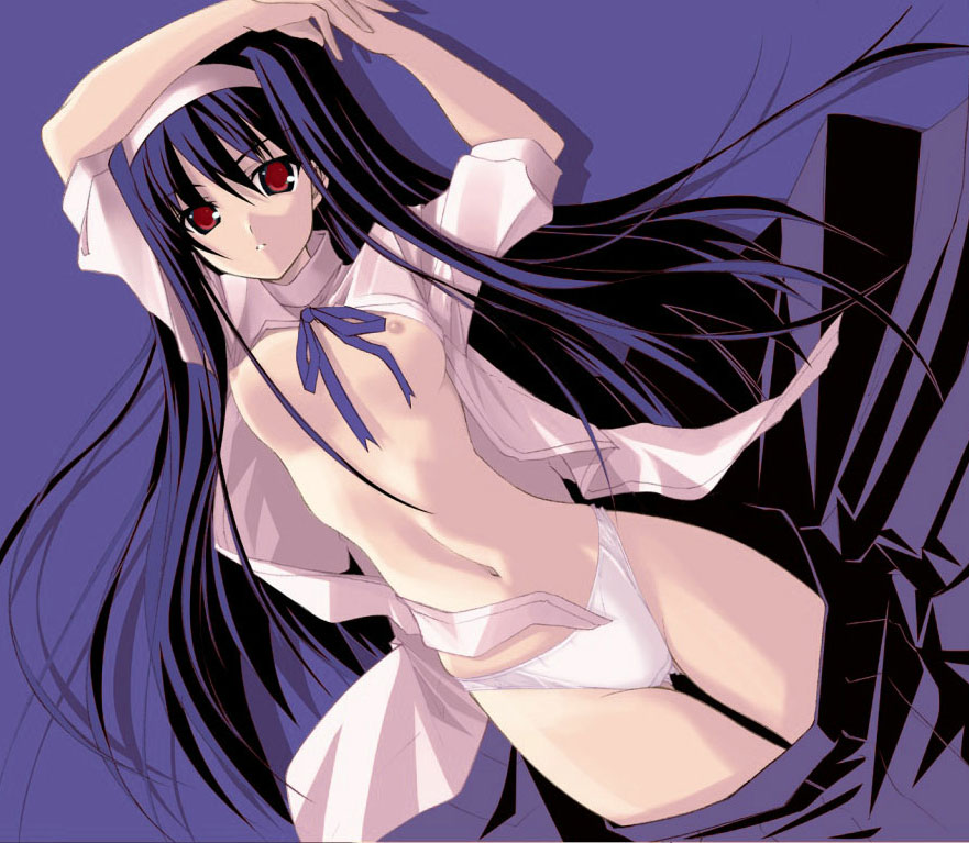 1girls black_hair blue_hair bow breasts color dress_pull dress_shirt female hairband long_hair lying melty_blood navel nipples no_bra open_clothes open_shirt panties red_eyes ribbon shingetsutan_tsukihime shingo_(artist) shingo_(missing_link) shirt skirt small_nipples solo stretch tohno_akiha toono_akiha topless tsukihime type-moon underwear undressing very_long_hair white_panties