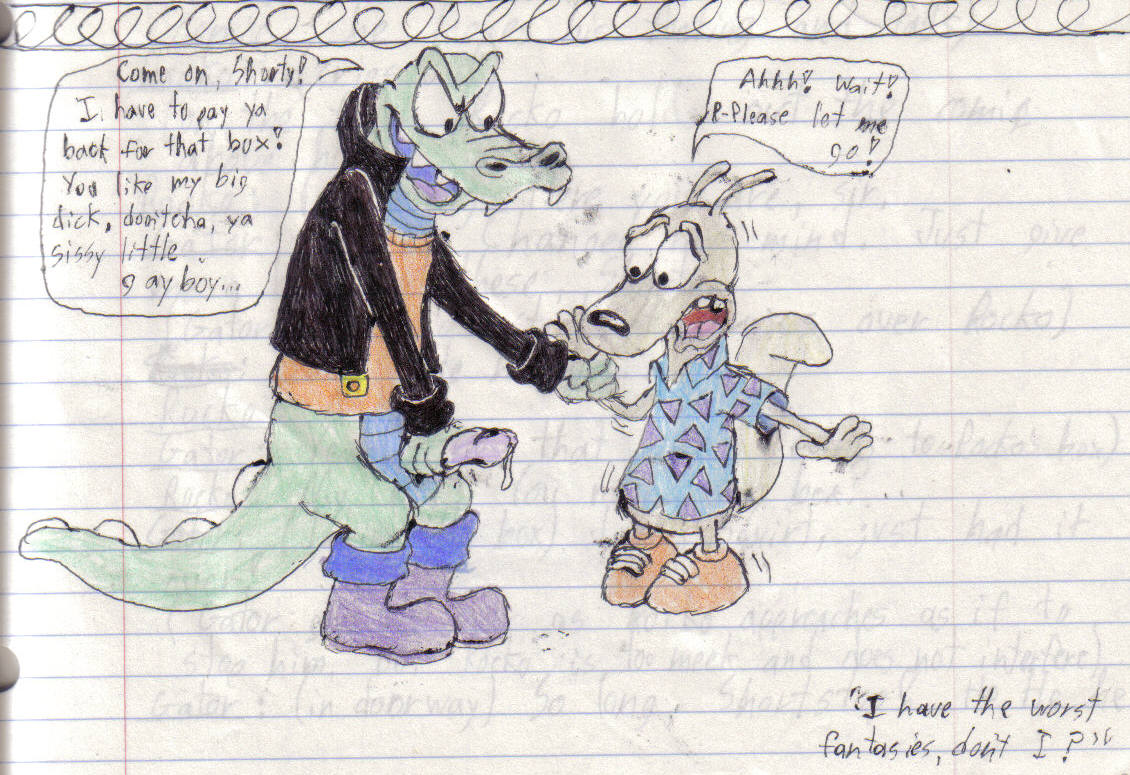 anthro cum_drip furry gay green_skin half_naked imminent_rape male_only marsupial nickelodeon pantsless penis reptile rocko rocko's_modern_life tagme tan_fur timon-berkowitz wallaby yaoi