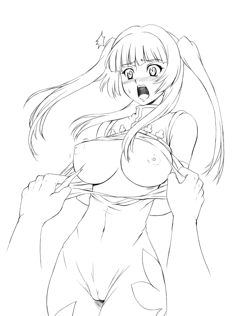 akiyama_kenta arms_behind_back bare_shoulders blush breasts cameltoe china_dress chinese_clothes elbow_gloves fat_mons gloves gundam gundam_00 large_breasts line_art long_hair monochrome nipples open_mouth quad_tails rape slender surprised tearing_clothes tied_hair torn_clothes twintails wang_liu_mei