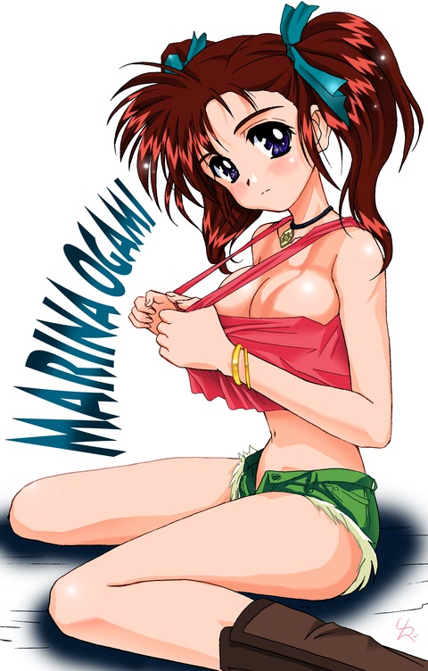 bakusou_kyoudai_let's_and_go blue_eyes bracelet breasts cutoffs daisy_dukes denim denim_shorts hair hair_ribbon jewelry large_breasts marina_ogami marina_ohgami midriff necklace oogami_marina pointy_chin red_hair ribbon shorts tank_top