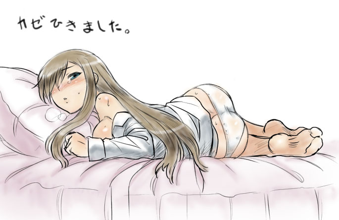 ass bare_shoulders barefoot bed blush bottomless breath clothing dr.p dress_shirt lying no_pants on_side original pajamas panties pillow shirt sick solo sweat tales_of_(series) tales_of_the_abyss tear_grants translated underwear white_background white_panties