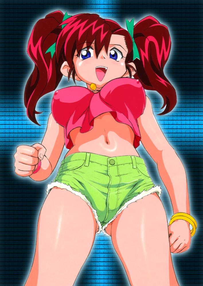 1girls bakusou_kyoudai_let's_and_go bb blue_eyes bracelet breasts clenched_hands crop_top cutoffs denim denim_shorts erect_nipples female fist from_below genka_ichien hair hair_ribbon hotpants impossible_clothes impossible_shirt jewelry large_breasts marina_ogami marina_ohgami midriff navel necklace oogami_marina open_mouth red_hair ribbon ribbons shirt short_shorts short_twintails shorts smile solo standing thighs tied_hair torn_clothes twintails wristband