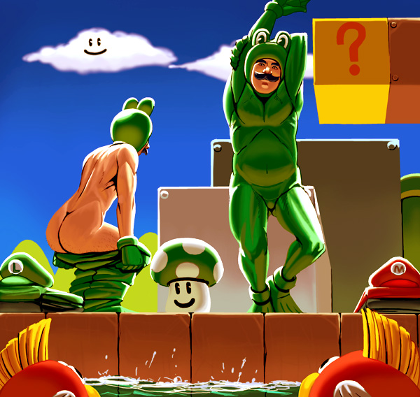 ?_block animal_costume ass cheep_cheep cloud clouds dressing fish frog_costume frog_suit luigi male_only mario mario_(series) masao mushroom nintendo realistic super_mario_bros._3 swimsuit