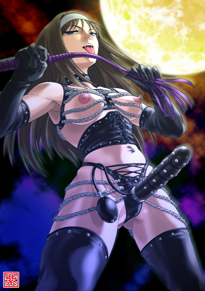 1girls akiha_tohno black_hair blue_eyes bondage breasts chains choker color corset dildo dominatrix elbow_gloves female full_moon gloves looking_at_viewer melty_blood moon piercing presenting_strap-on shingetsutan_tsukihime solo strap-on thighhighs tohno_akiha tongue tsukihime type-moon whip