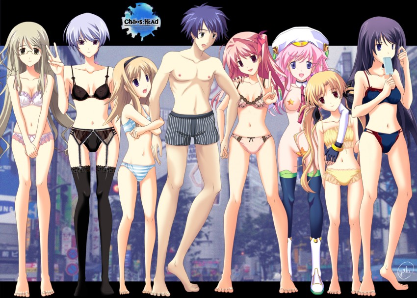 1boy 6+girls 7girls aoi_sena chaos;head kishimoto_ayase kusunoki_yua nishijou_nanami orihara_kozue pink_hair rimi_sakihata seira_orgel