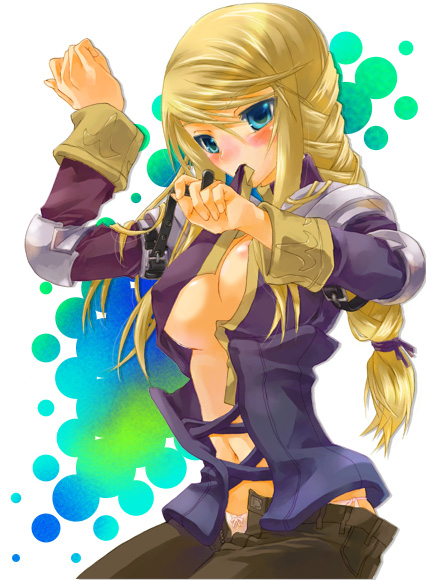 armor blonde_hair blue_eyes blush braid breasts female female_only final_fantasy final_fantasy_tactics final_fantasy_tactics_(original) human knight long_hair mouth_hold open_clothes open_shirt panties shirt single_braid solo tooka underwear undressing