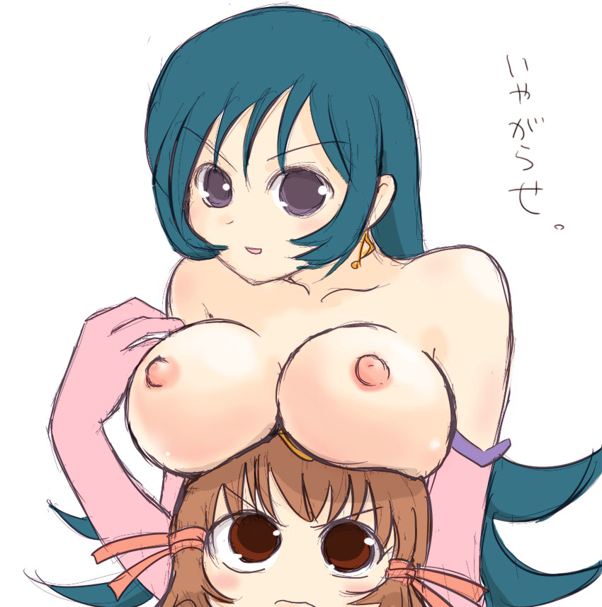 2girls blue_hair breasts brown_hair female human kotona_elegance large_breasts light-skinned_female light_skin long_hair nipples pointy_chin re_mii yuuichi_(tareme_paradise) zoids zoids_genesis