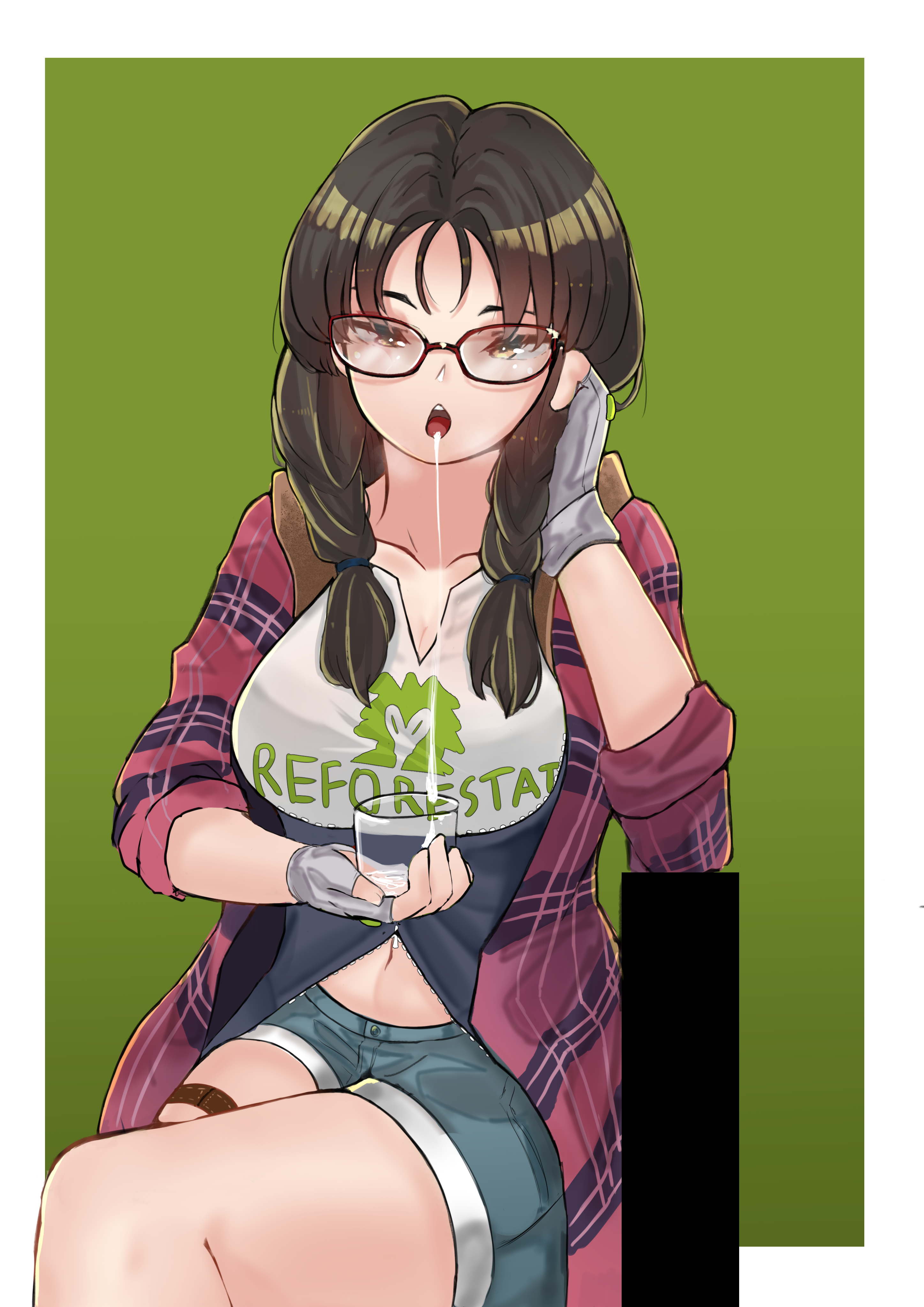 after fellatio, breasts, clothed, cum, cum from mouth, cum in container, cum in glass, cup, denim shorts, female, fingerless gloves, glasses, gloves, highres, julia chang, kanta, large breasts, namco, navel, plaid, plaid shirt, shorts, sitting, tekken, tekken 3, tekken 7, twin braids