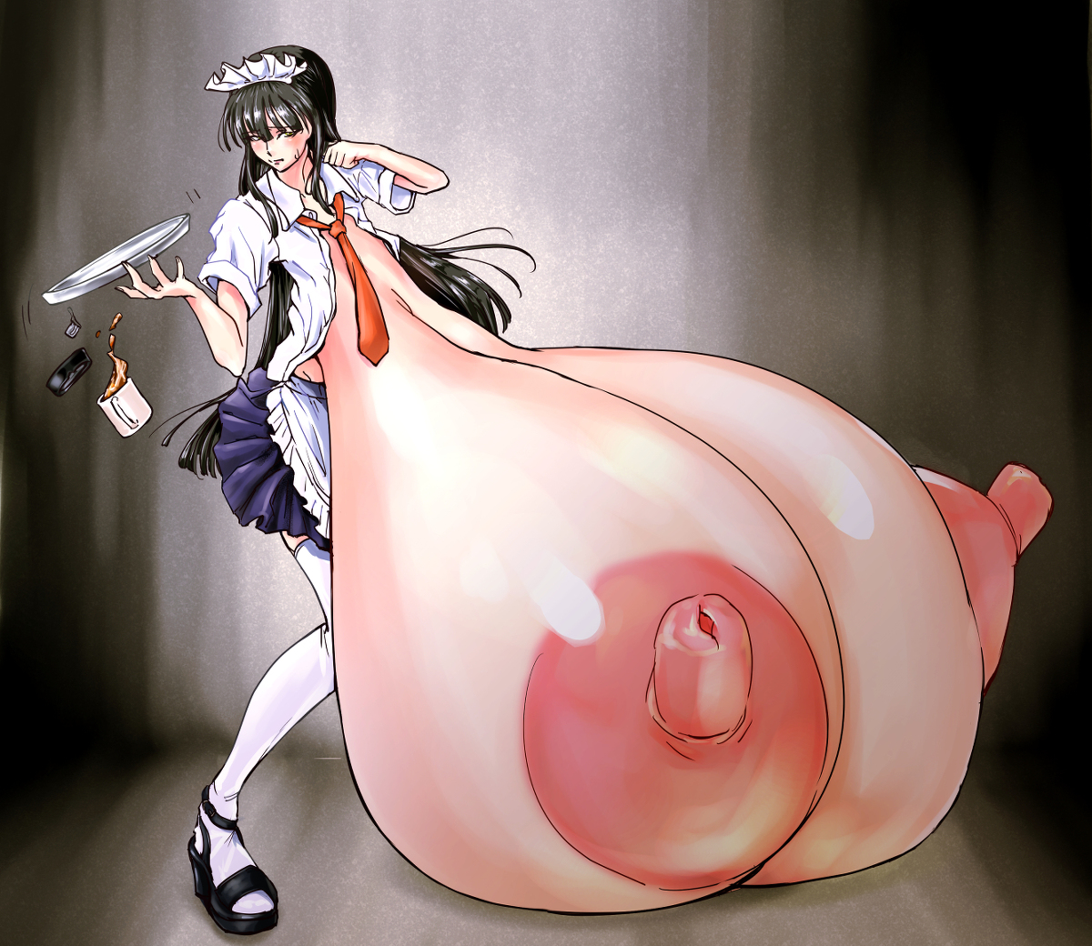 1girls, breast expansion, breast growth, breast growth (enlargement), breasts, breasts bigger than body, breasts bigger than torso, donabe (z0m1bmytktug3hk), erect nipples, female, female only, full body, huge nipples, human, human only, humanoid, hyper, hyper breasts, hyper nipples, light skin, light-skinned female, maid, nipples, open toe shoes, puffy nipples, sagging breasts, school uniform, solo, standing, top heavy