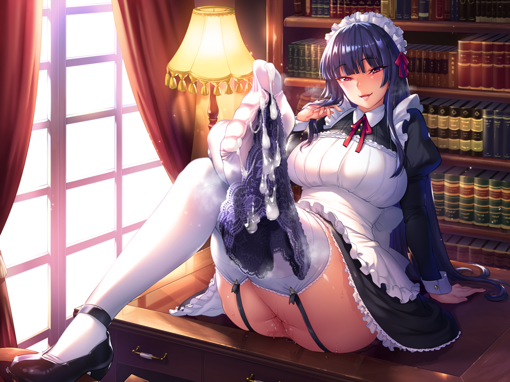 1girls apron ass bangs big_breasts black_panties blue_hair blush book bookshelf breasts clothing crossed_legs cum cum_on_clothes cum_on_soles desk dress feet female foot_fetish foot_hold frills garter_straps hair_tousle high_heels lace lace_panties lamp large_breasts leg_up long_hair looking_at_viewer maid maid_apron maid_headdress mary_janes minamoto no_panties non-web_source on_desk original panties panties_around_feet panties_removed pov_feet puffy_sleeves pussy_juice red_eyes shoes single_shoe sitting sitting_on_desk smile thick_thighs thighhighs thighs toes underwear white_legwear window wrist_cuffs