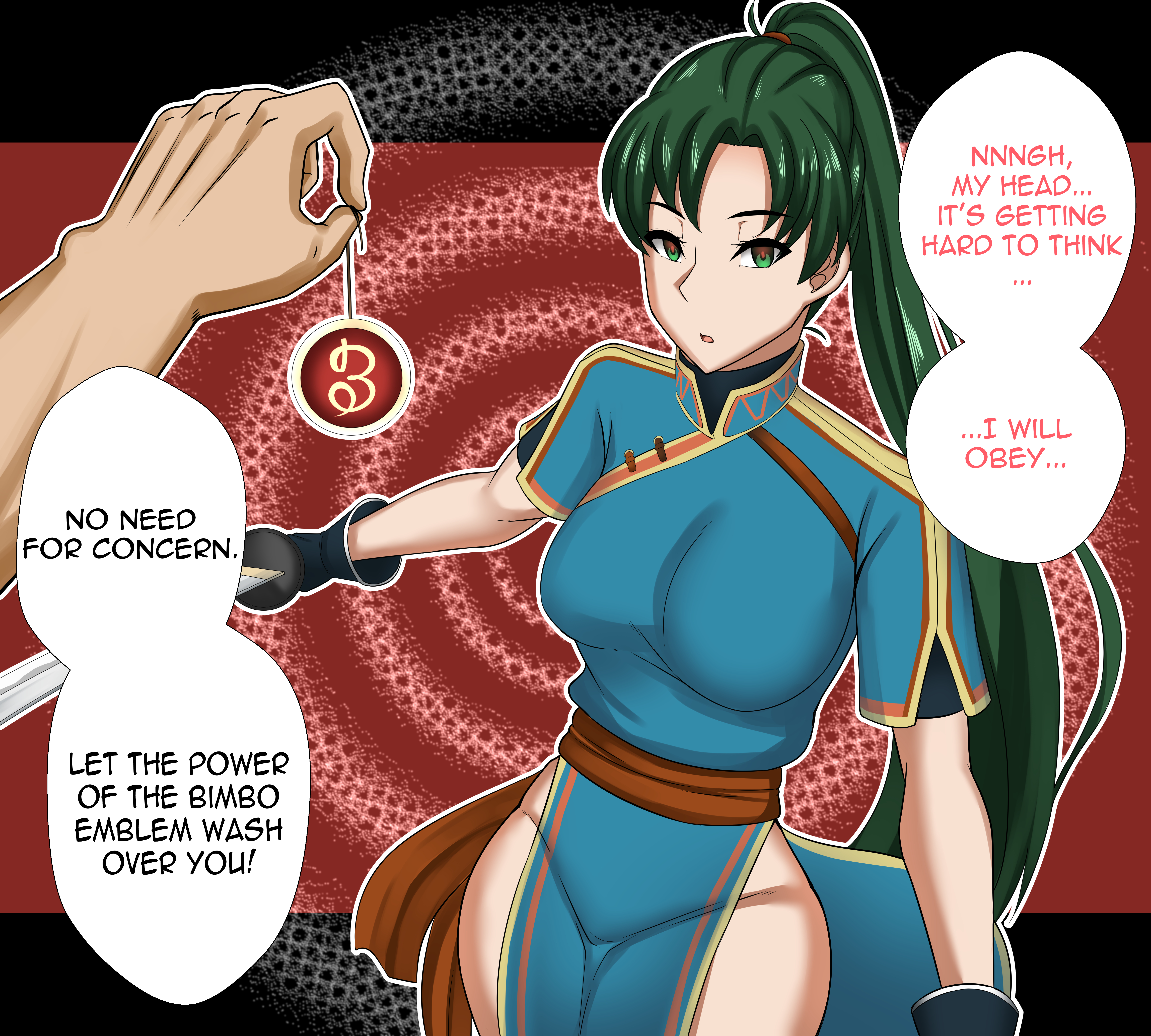 1girls, breasts, english, english text, female, femsub, fire emblem, fire emblem: the blazing blade, green eyes, green hair, hypnosis, hypnotic eyes, hypnotized, large breasts, lyn (fire emblem), male, maledom, mind control, pendulum, ponytail, text, toui