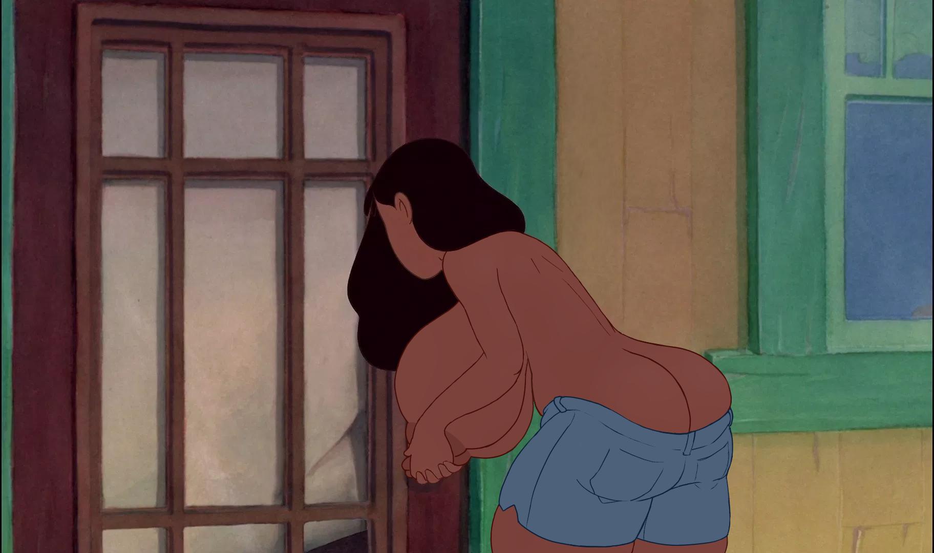1girls, accurate art style, alternate breast size, areolae, ass, ass cleavage, ass crack, ass out, bending forward, bending over, bent over, big breasts, black hair, breasts, butt crack, canonical scene, clothing, dark skin, dark-skinned female, disney, door, edit, female, from behind, house, human, hyper breasts, hyper nipples, jean shorts, large breasts, lilo and stitch, long hair, long nipples, nani pelekai, nipple grab, nipples, outdoors, outside, public nudity, puffy nipples, screenshot, screenshot edit, shorts, sideboob, thick thighs, thighs, topless, window, yetig