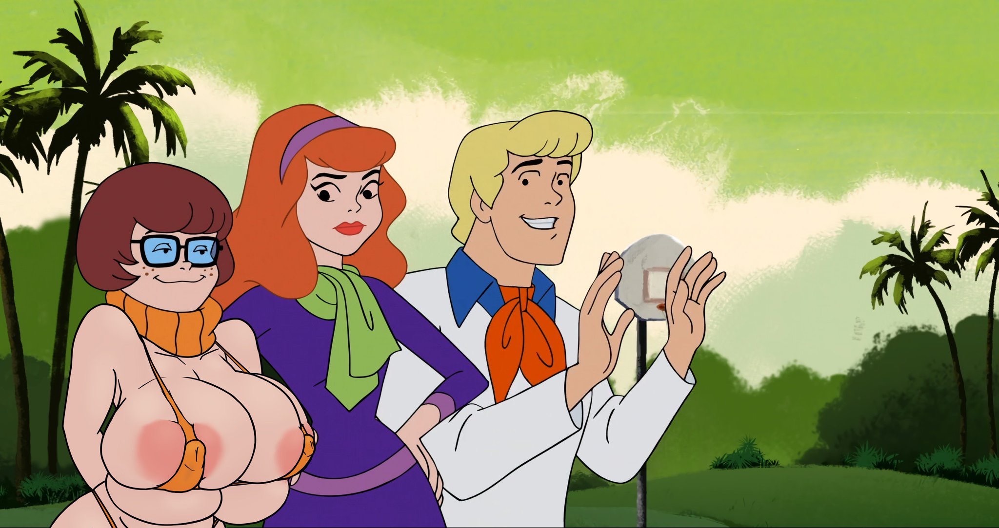 accurate art style, breasts, daphne blake, edit, female, freckles, fred jones, gigantic breasts, hanna-barbera, hyper breasts, micro bikini, nipple bulge, pokies, scooby-doo, screenshot, screenshot edit, velma dinkley, visible nipples, yetig