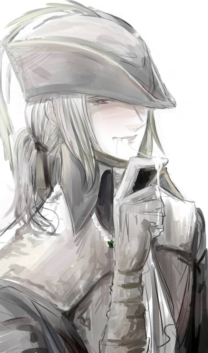 bloodborne, blush, cum, female, female only, fromsoftware, hat, lady maria of the astral clocktower, looking at viewer, monochrome, smile, smug, solo, solo female, white hair