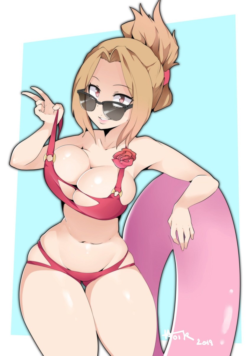 1girls belly bikini bikini_pull blonde_hair breasts camie_utsushimi cleavage collarbone female female_only flower hand_up hotvr large_breasts light-skinned_female light_skin lips looking_at_viewer looking_over_eyewear looking_over_glasses my_hero_academia navel open_mouth parted_lips smile solo strap_pull sunglasses swimsuit thigh_gap thighs thighs_together tied_hair tinted_eyewear