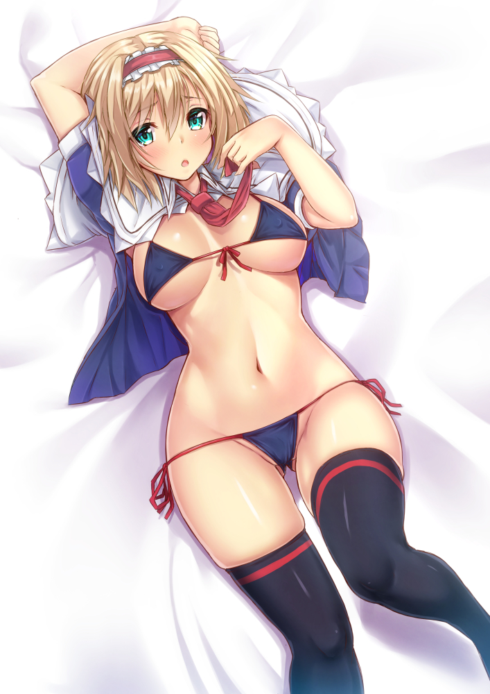 1girls alice_margatroid bikini blonde_hair ebi_193 green_eyes looking_at_viewer lying tagme thighhighs tie touhou