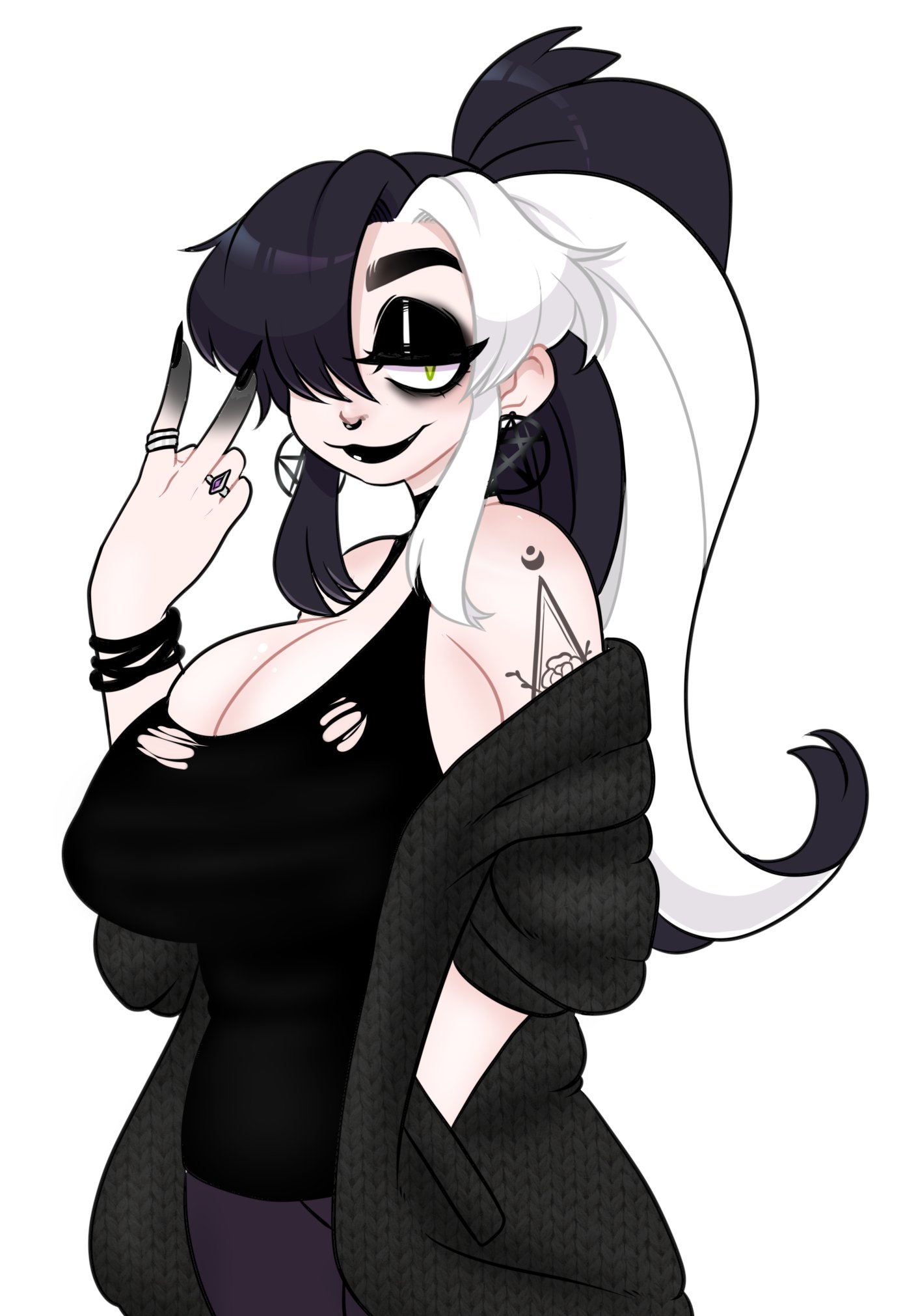 1girls, big breasts, black eyebrows, black eyeshadow, black hair, black lipstick, black nail polish, bracelet, breasts, cleavage, clothing, earrings, eyeshadow, female, female only, goth, green eyes, hair over one eye, hand in pocket, high ponytail, highres, jacket, jacket on shoulders, jinx doodle, long hair, looking at viewer, narrowed eyes, nose ring, peace sign, ring, sharp fingernails, slit pupils, smiling, smiling at viewer, solo, solo female, sona (jinx doodle), tank top, white background, white hair