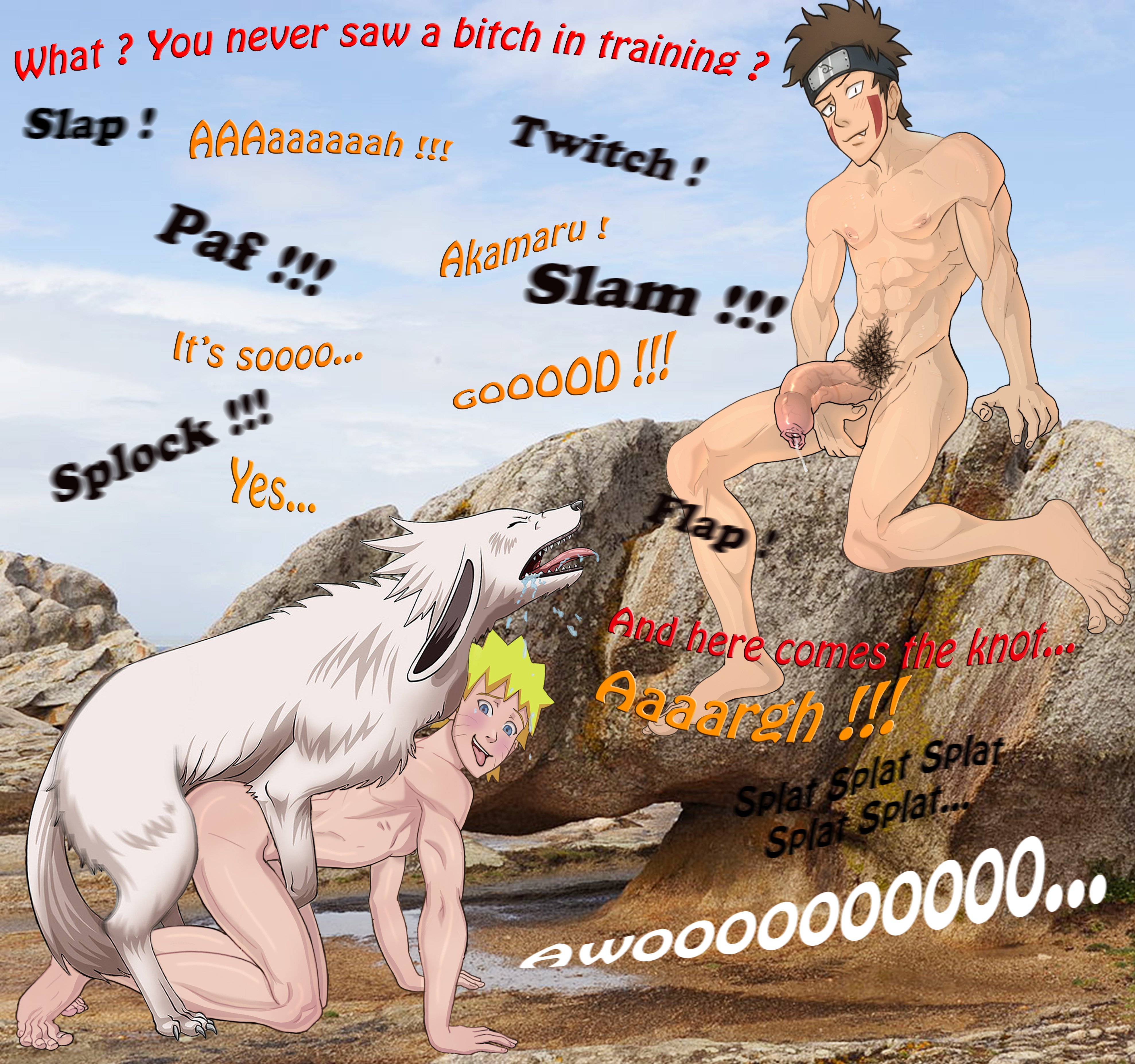 2boys, abs, akamaru (naruto), animal, anma, balls, barefoot, bent over, bestiality, big penis, black eyes, blonde hair, blue eyes, blush, boner, brown hair, canine, dialogue, doggy style, erection, facepaint, feet, forehead protector, foreskin, foreskin overhang, gay, headband, human, inuzuka kiba, large penis, legs, long foreskin, male, male only, naked, naruto, naruto (series), naruto shippuden, nipples, nude, on all fours, open mouth, orgasm, orgasm face, outdoors, outside, pecs, penis, pleasure face, pubes, pubic hair, saliva, sex, tan skin, testicles, text, toes, tongue, tongue out, uncircumcised, unretracted foreskin, uzumaki naruto, voluptuous, whisker markings, whiskers, yaoi, yellow hair, zoophilia