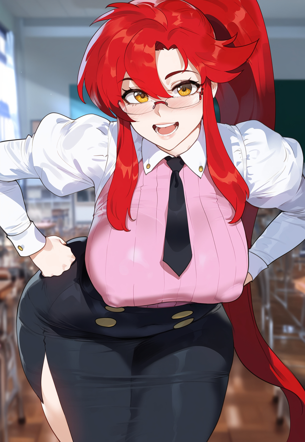 1girls, ai generated, breasts, covered nipples, creamy ai, curvy, female, hanging breasts, large breasts, leaning forward, long hair, long skirt, pink sweater, red hair, skirt, solo, sweater, teacher, tengen toppa gurren lagann, thick thighs, wide hips, yellow eyes, yoko littner