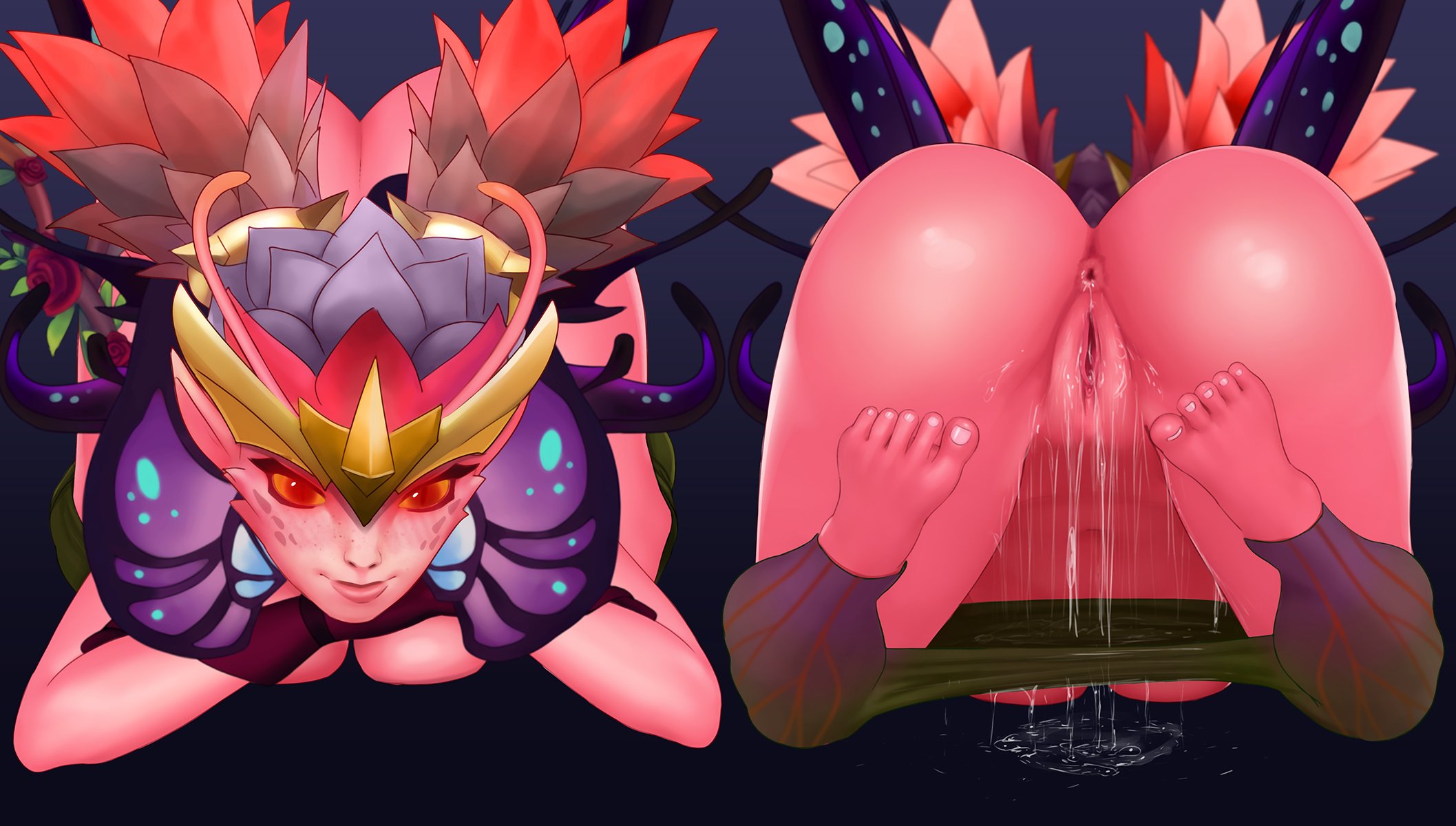 1girls, aethosart, all fours, anus, ass, barefoot, breasts, cleavage, dark willow, dota, dota 2, fairy, feet, female, female only, humanoid, looking at viewer, pussy, pussy juice, solo, thick thighs, toes, top-down bottom-up, twitter, wide hips