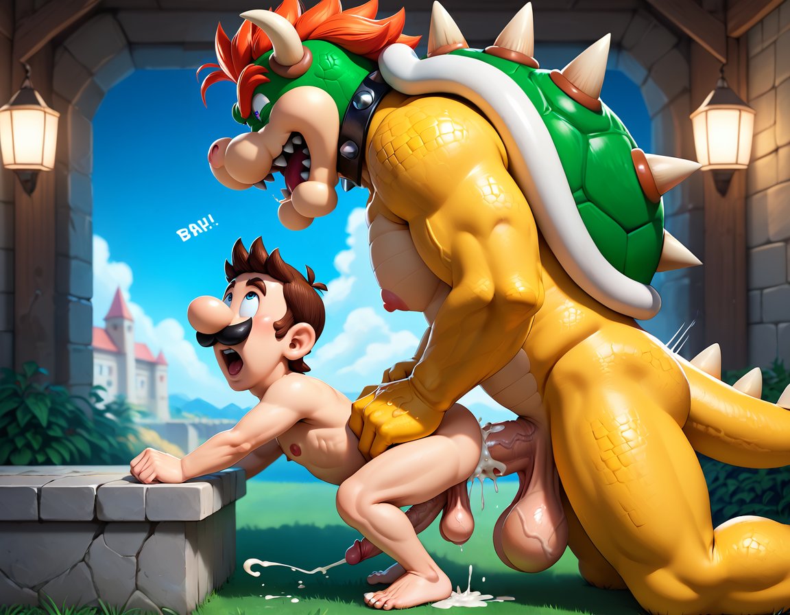 2boys abs ai_generated anthro anthro_dominating_human anthro_penetrating_human balls bara big_balls big_dom_small_sub big_muscles big_nipples big_pecs big_penis booster_rex bowser cum cum_drip cum_in_ass cum_inside cum_on_ass cum_on_body cum_on_penis cum_while_penetrated cumshot daddy dilf dominant dominant_anthro dominant_male duo ejaculation erect_nipples erection fangs frottage gay green_body holding_partner horn huge_balls huge_cock huge_muscles huge_nipples huge_pecs human human_on_anthro humansub hunk interspecies koopa larger_anthro larger_male luigi male male_only mario_(series) multicolored_body muscular muscular_anthro muscular_male navel nintendo nipples nude orgasm pecs penis red_hair reptile scalie simultaneous_orgasms size_difference smaller_human smaller_male spiked_bracelet spiked_collar spiked_shell submissive submissive_human submissive_male super_mario_bros. yellow_body