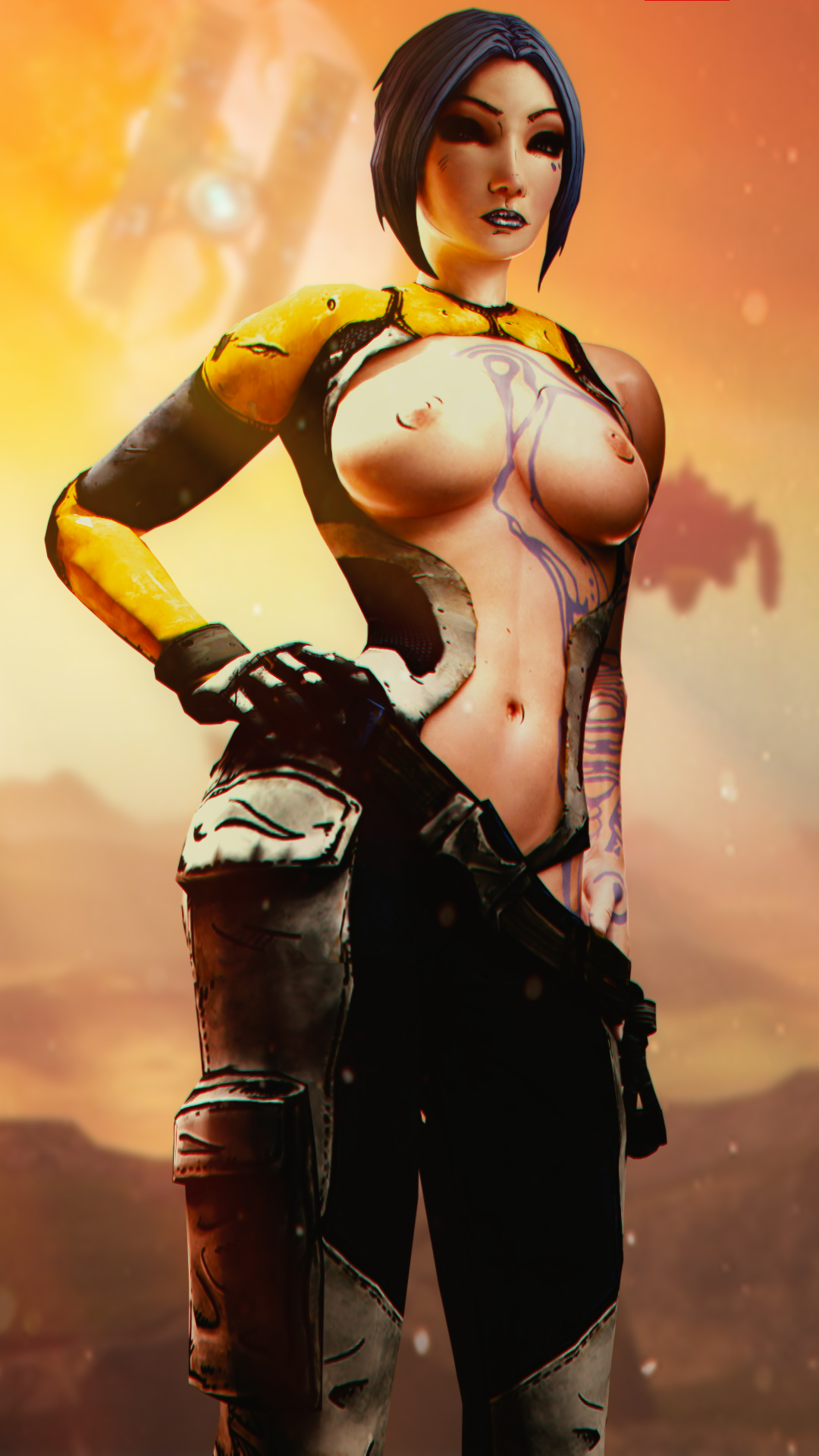 1girls, 3d, areolae, blender, blue hair, blue lipstick, bob cut, body markings, borderlands, borderlands 2, breasts, female, female only, looking at viewer, maya (borderlands), nipples, siren (borderlands), siren markings, solo, solo female, tattoo, wunder