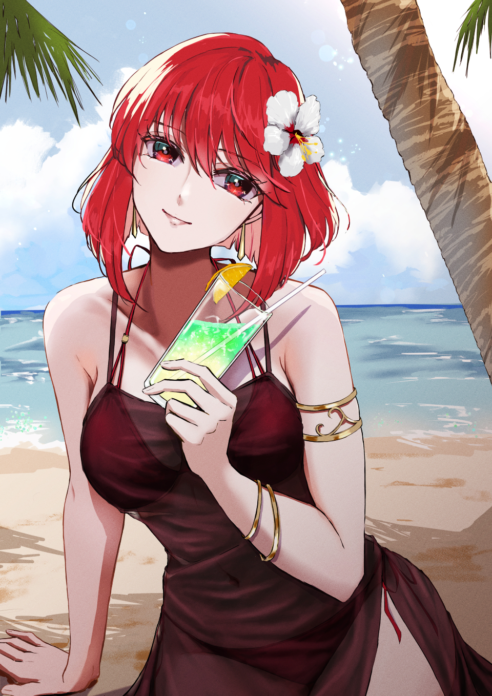 1girls alternate_costume beach bikini bikini_under_clothes black_dress blue_sky breasts closed_mouth cloud collarbone cup dress female female_only fire_emblem fire_emblem:_mystery_of_the_emblem flower hair_flower hair_ornament head_tilt highres holding holding_cup lips medium_breasts minerva_(fire_emblem) navel nintendo ocean outdoors palm_tree pink_lips red_bikini red_hair red_swimsuit sand see-through see-through_dress shadow short_hair sky smile solo stomach strapless strapless_dress swimsuit tree white_flower yori_ilrosso