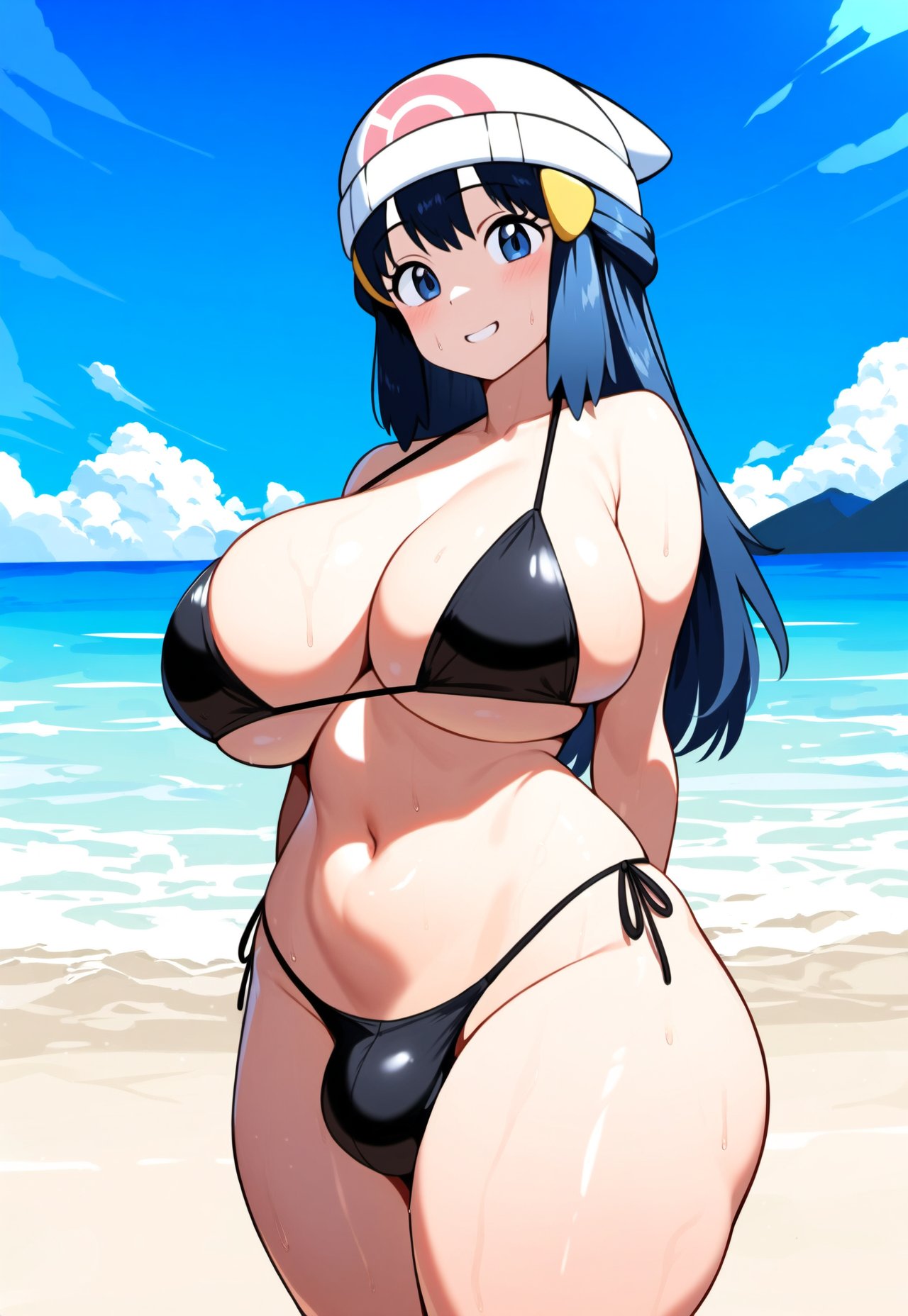 1futa ai_generated beach big_ass black_bikini blue_hair bulge dawn_(pokemon) futa_only futanari huge_breasts pokemon small_penis smiling thedawn_hikari wide_hips