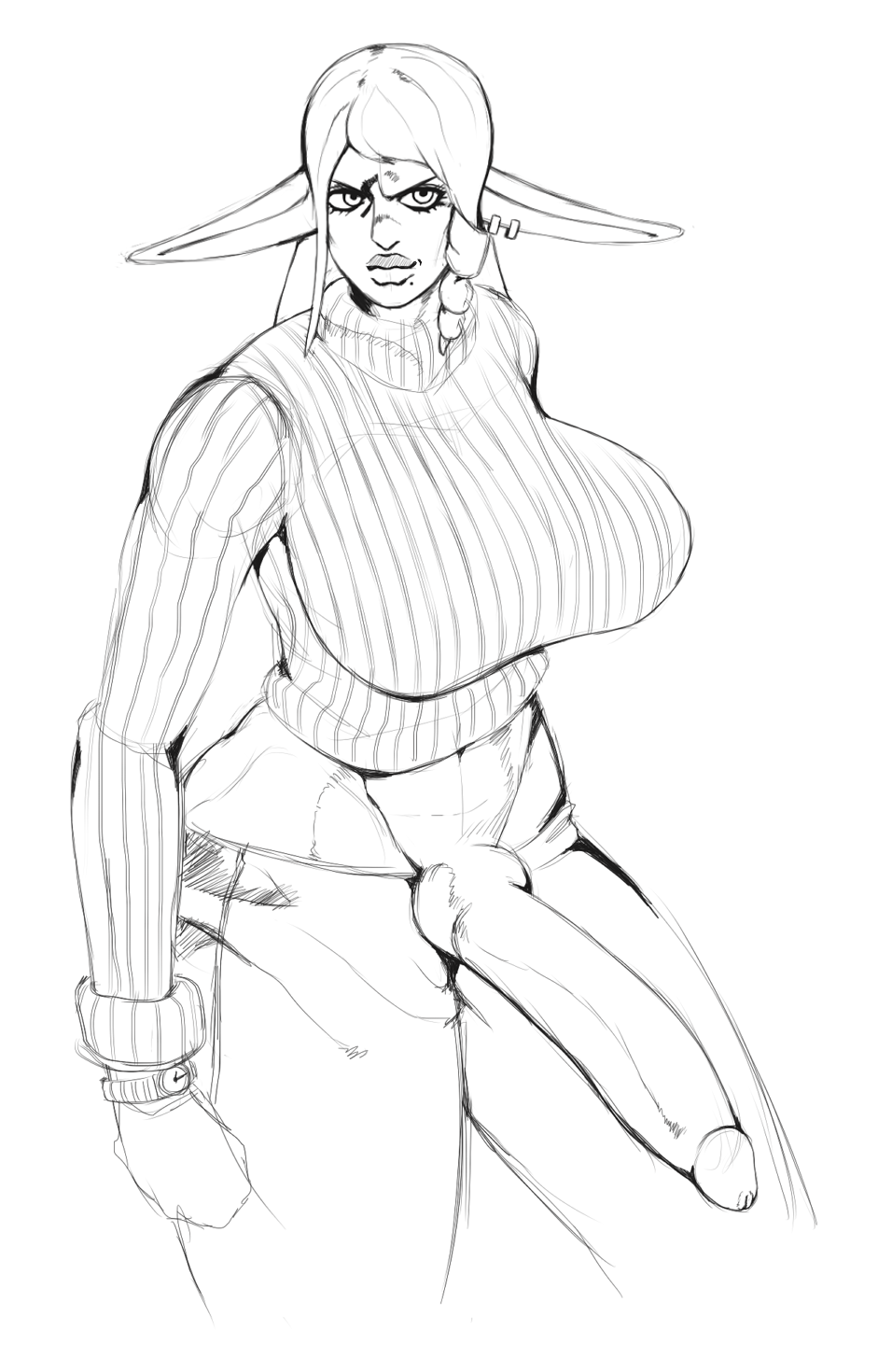 1futa, breasts, character request, clothing, confident, copyright request, curvy, erection, exposed penis, eyelashes, futa only, futa sans balls, futanari, highres, humanoid, humanoid penis, hyper, hyper breasts, hyper penis, intersex, lips, long ears, long hair, long sleeves, mole, mole under mouth, monochrome, navel, pants, partially clothed, penis, penis out, pointy ears, sketch, solo, solo futa, standing, sweater, the-nsfw-diner, thick thighs, urethra, white background, wide hips, wristwatch