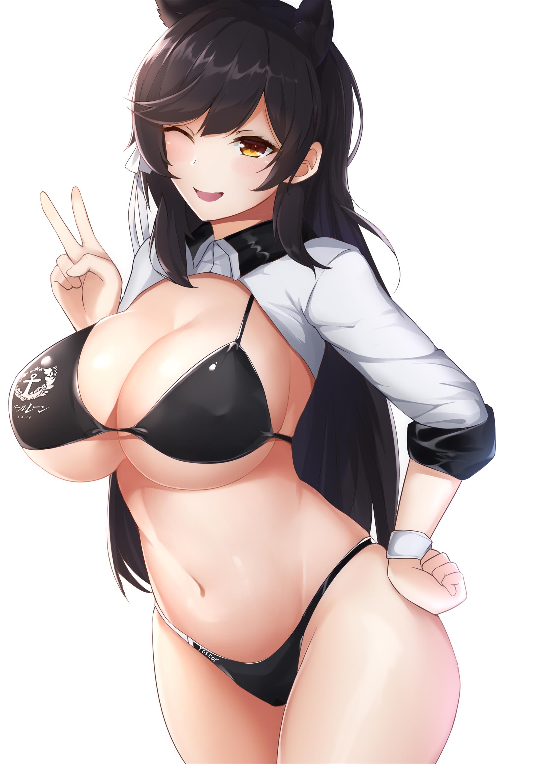 ;d, 1girls, alternate costume, animal ear fluff, animal ears, atago (azur lane), azur lane, bikini, black bikini, blush, breasts, brown eyes, brown hair, cleavage, female, groin, hair ribbon, hand on hip, hand up, huge breasts, long hair, long sleeves, mole, mole under eye, navel, one eye closed, open mouth, ribbon, shrug (clothing), sidelocks, simple background, skindentation, smile, swimsuit, underboob, v, wink