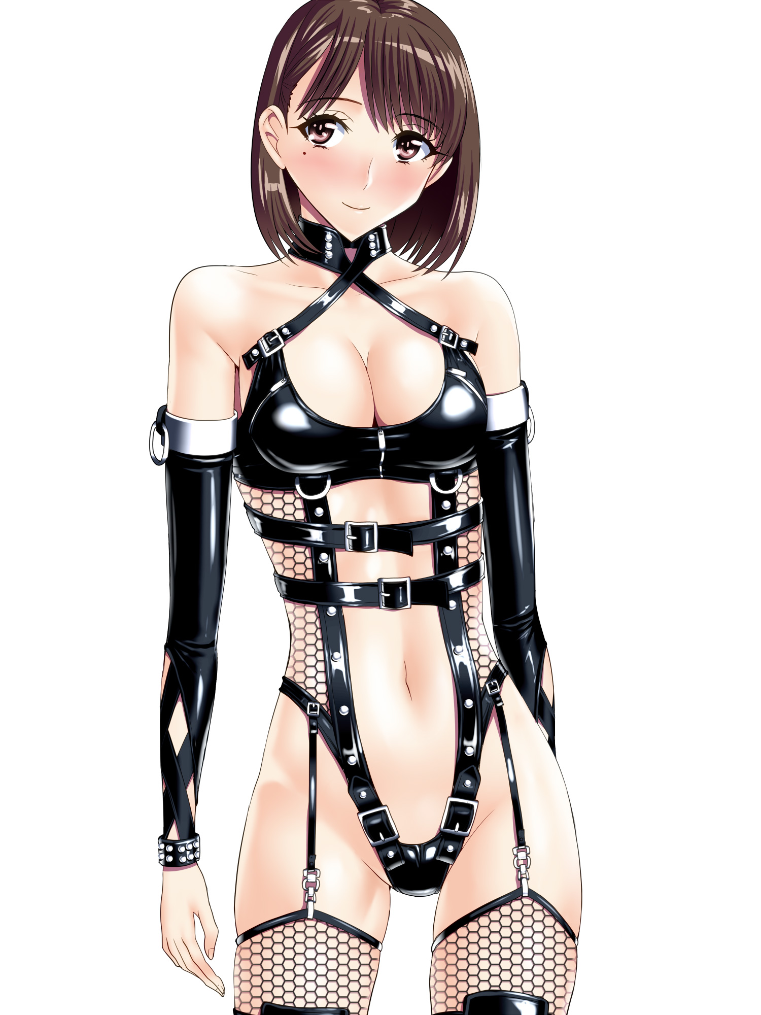 anegasaki nene, bodysuit, bondage outfit, dominatrix, female, fishnets, garter belt, latex, latex suit, leotard, love plus, sen (sansui), shiny clothes, short hair, smile, thighhighs, white background