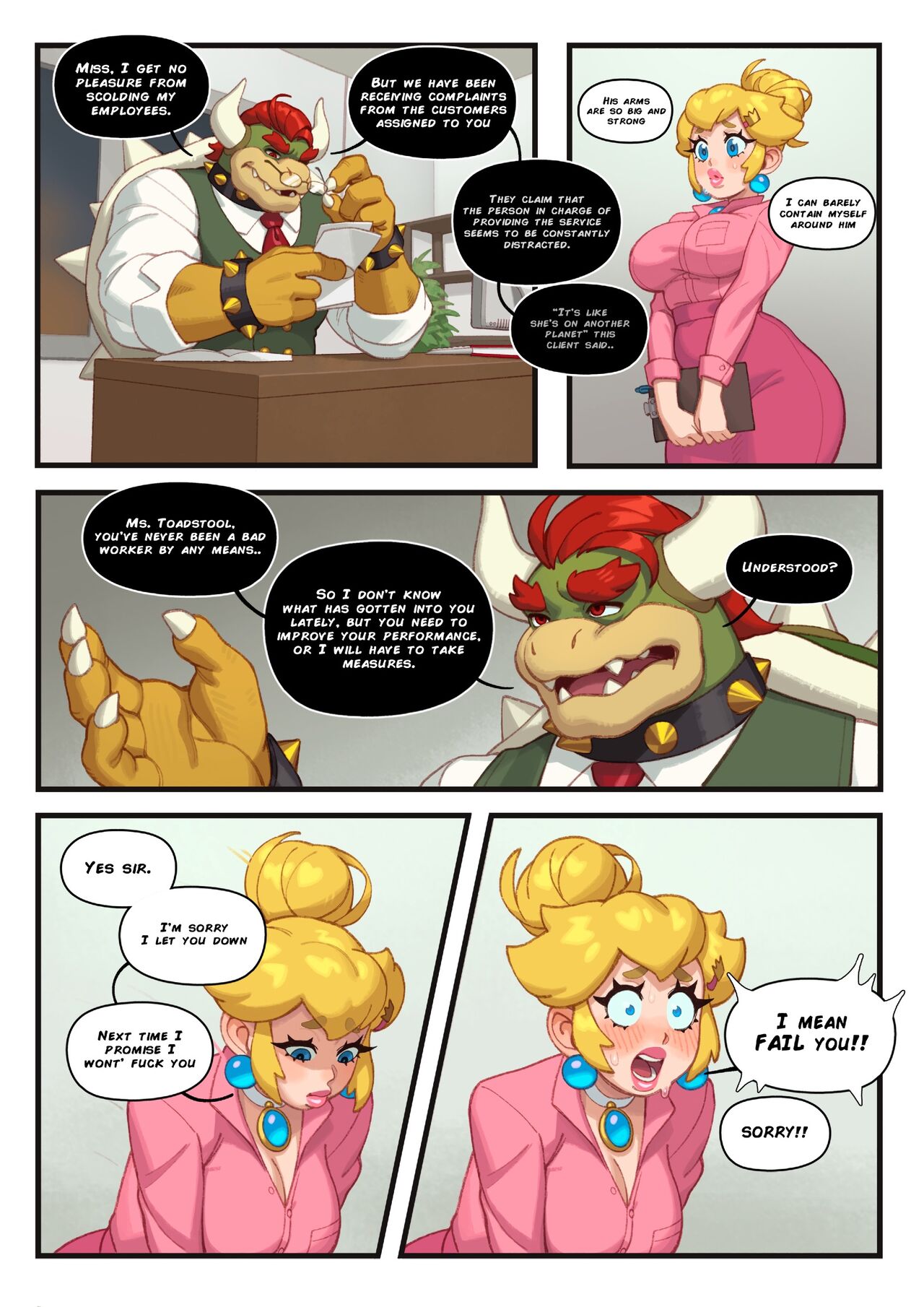 1boy 1girls anthro ass big_ass big_breasts big_lips blonde_hair blue_eyes blush blushing bowser breasts busty cleavage clothed clothed_female clothing comic comic_page curvaceous curvy desk dialogue duo earrings embarrassed english_text female freudian_slip front_view fully_clothed hair hair_bun hi_res human large_ass large_breasts legs_together light-skinned_female light_skin lipstick long_hair male mario_(series) necklace nintendo office office_clothing office_lady open_mouth pink_clothing pink_lipstick plump_lips princess_peach rizdraws scalie skirt speech_bubble standing talking text thick_lips thick_thighs thighs thought_bubble voluptuous wide_hips