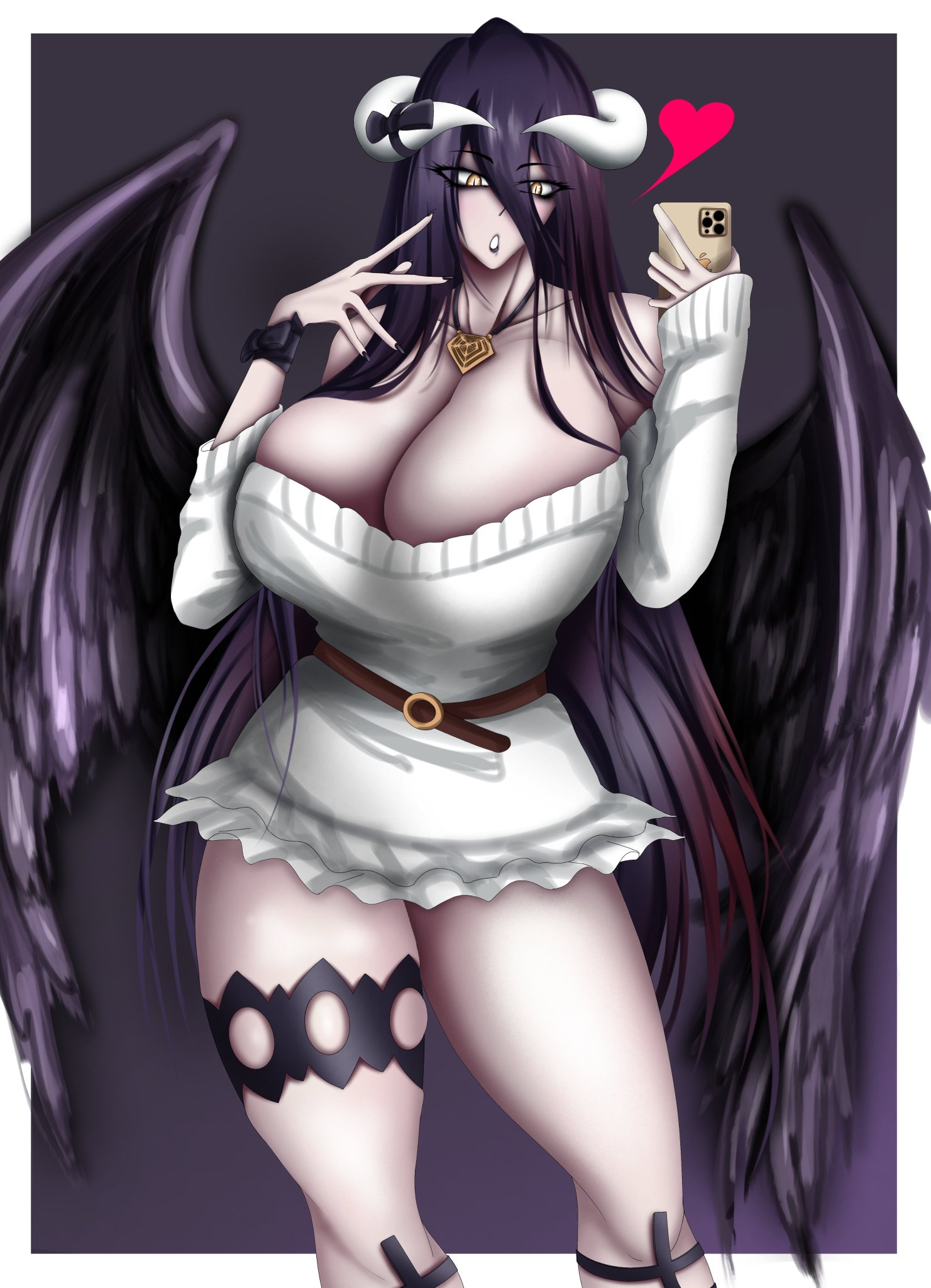 1girls, albedo (overlord), alternate version available, big breasts, black hair, breasts, breasts bigger than head, clothing, curvaceous, curvy, curvy figure, demon, demon girl, demon horns, female, female only, goth, goth girl, heart, horns, huge breasts, ibimsjackyyy, long hair, mostly clothed, necklace, overlord (maruyama), phone, selfie, slit pupils, solo, solo female, succubus, succubus horns, sweater, thick thighs, voluptuous, voluptuous female, wings, yellow eyes