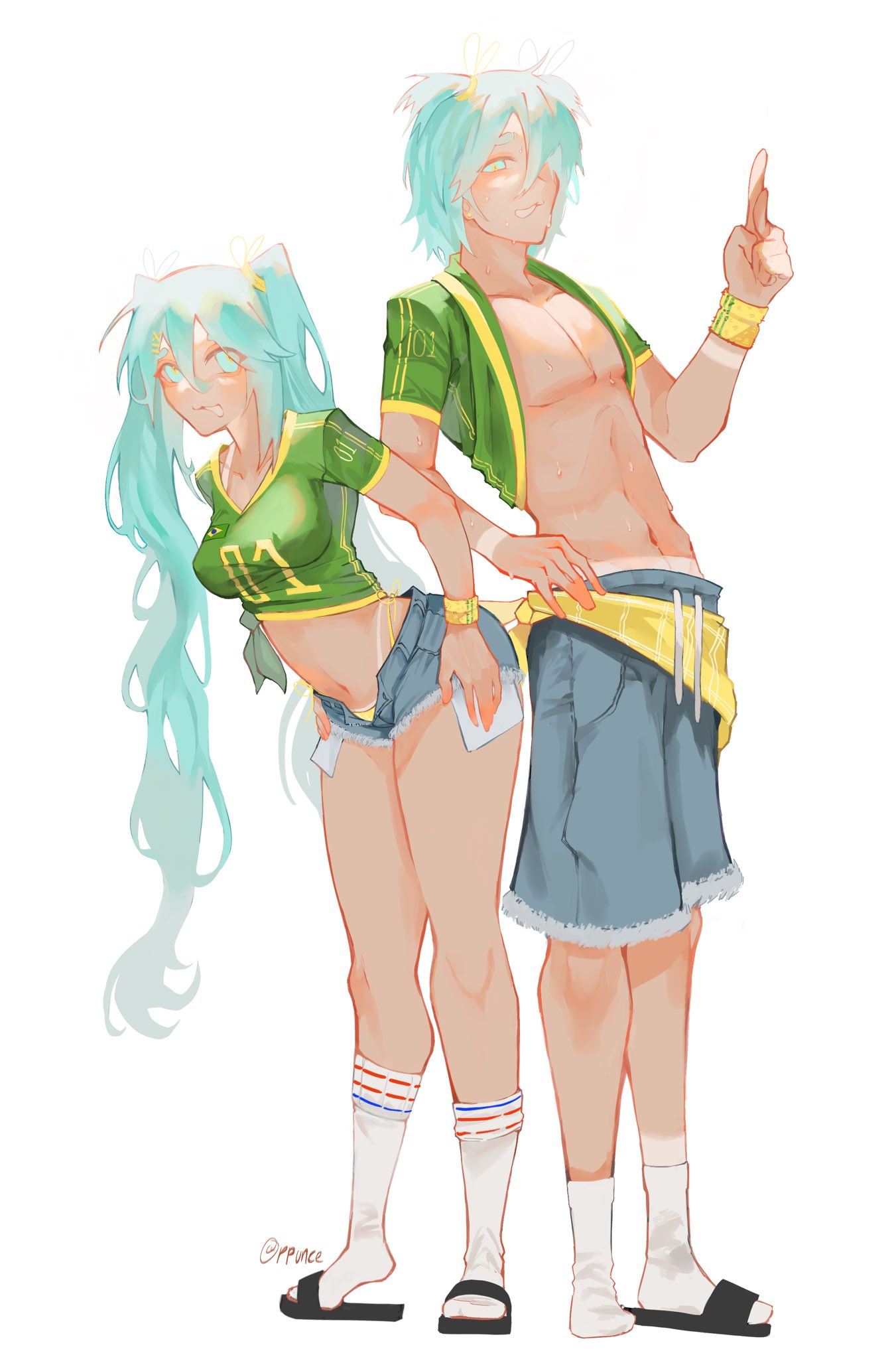 1boy 1girls aqua_eyes aqua_hair artist_name artist_signature black_footwear blue_eyebrows blue_shorts brazil brazilian brazilian_female brazilian_miku breasts dual_persona eyebrows eyelashes eyelashes_visible_through_hair genderswap_(ftm) green_shirt hair_over_one_eye hand_up hatsune_miku latin_american_hatsune_miku_(meme) long_hair looking_at_viewer medium_breasts midriff mikuo_hatsune navel print_shirt rule_63 sandals shirt short_hair short_shorts short_sleeves shorts simple_background sysunce tan tanlines tied_shirt tongue tongue_out twitter_link very_long_hair vocaloid white_background white_footwear